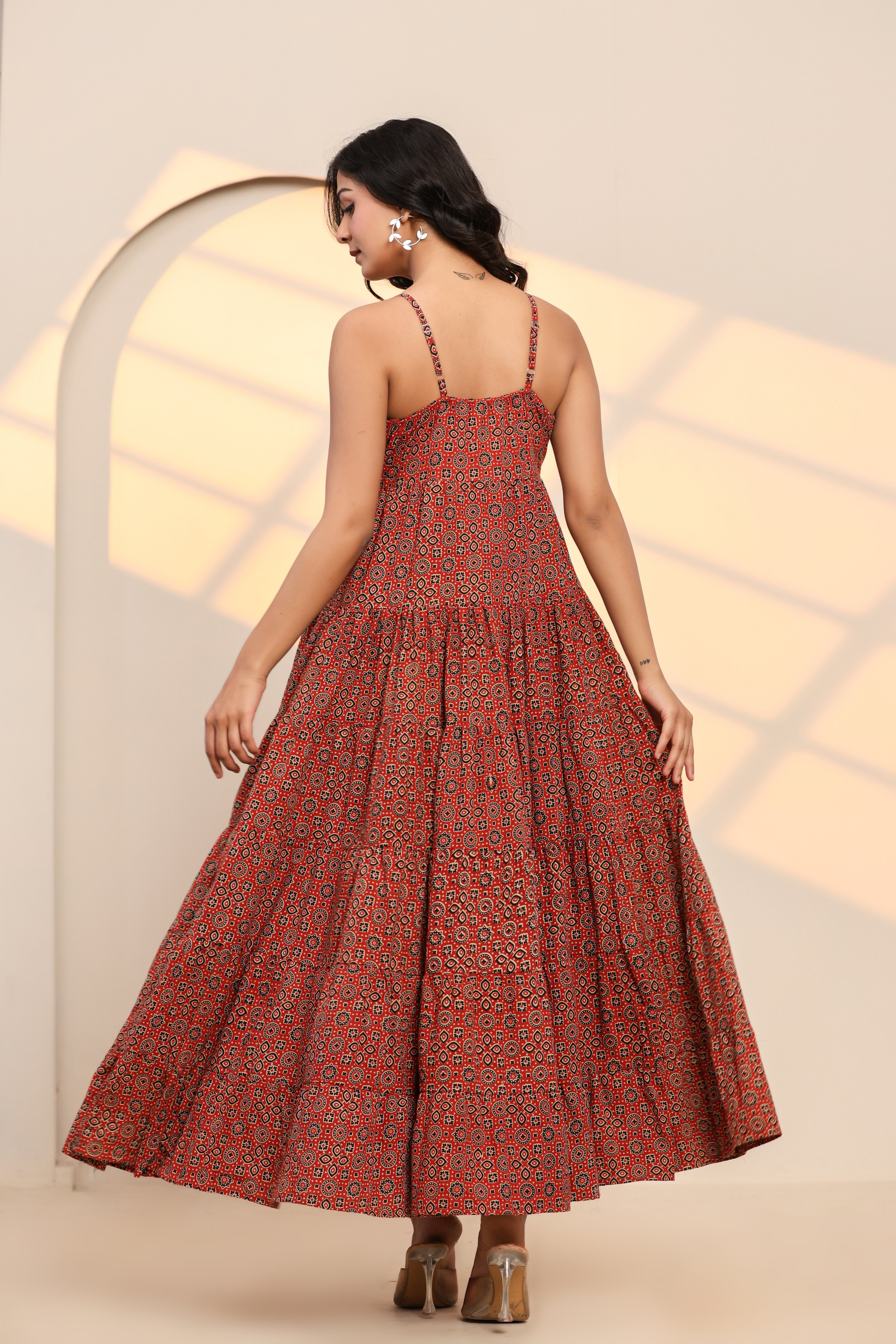 Scarlet Sage Red Cotton Hand Block Printed Maxi Dress - By Ragavi - qivii