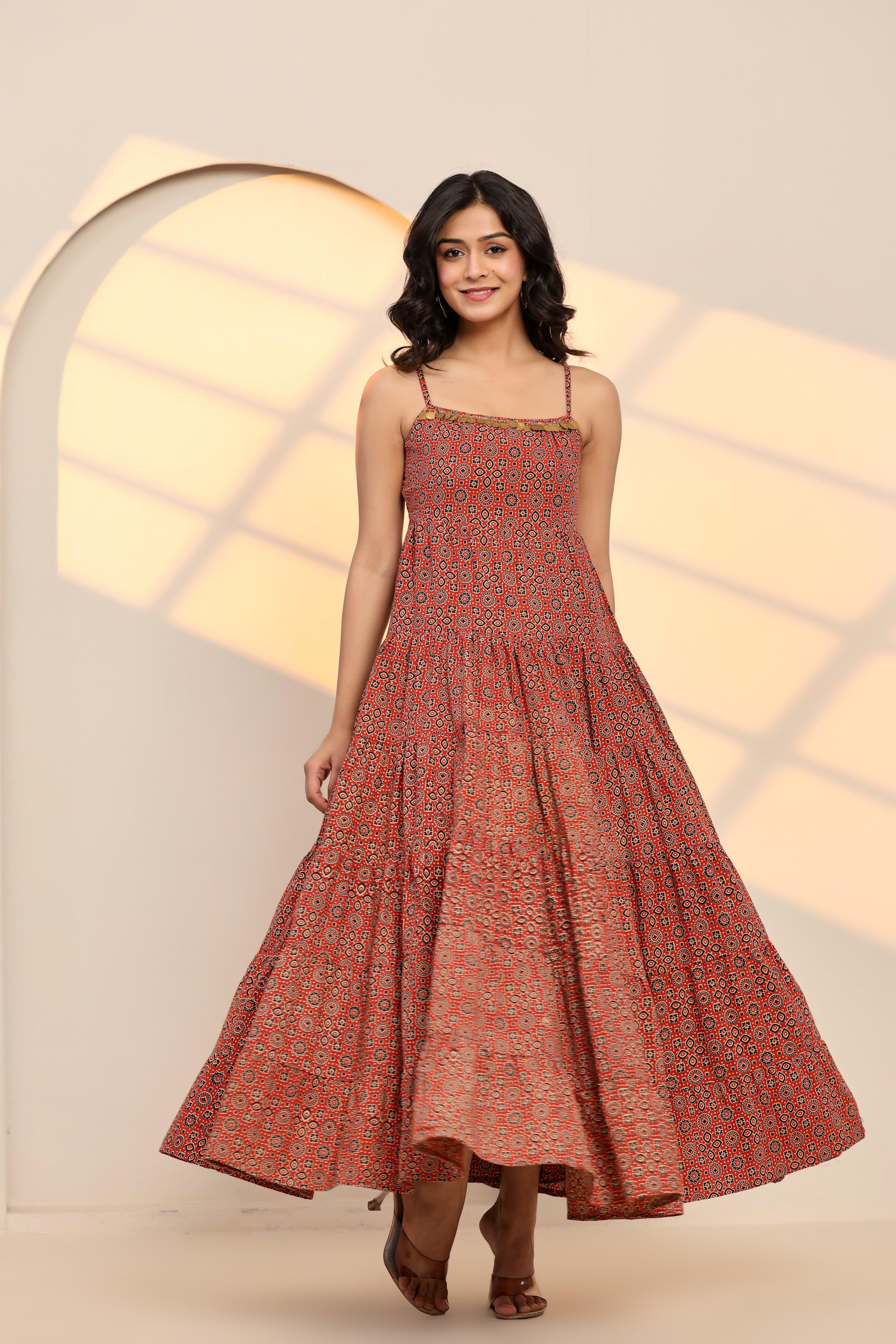 Scarlet Sage Red Cotton Hand Block Printed Maxi Dress - By Ragavi - qivii