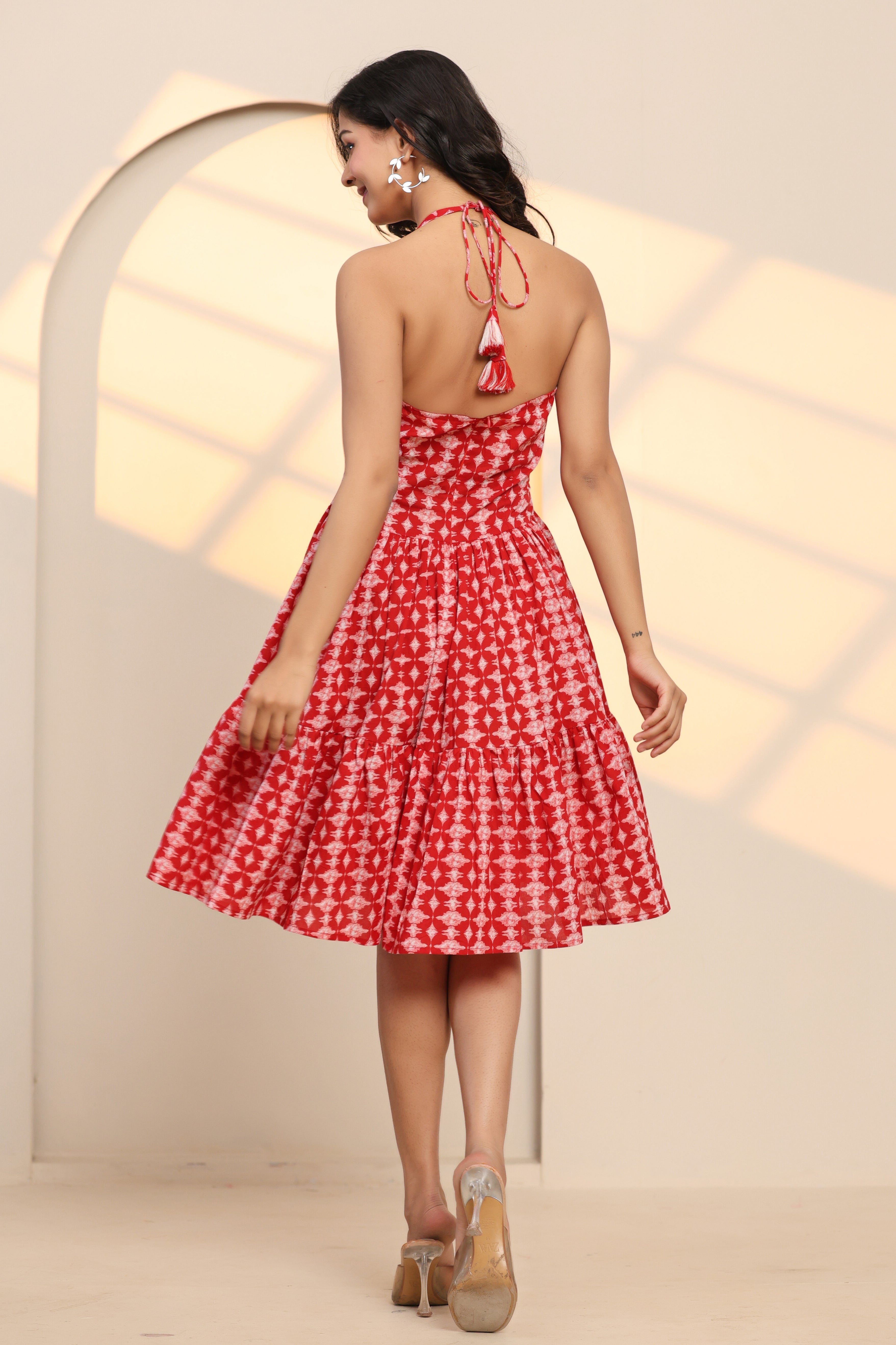 Salsa Red Hand Block Cotton Mini Dress - By Ragavi - qivii