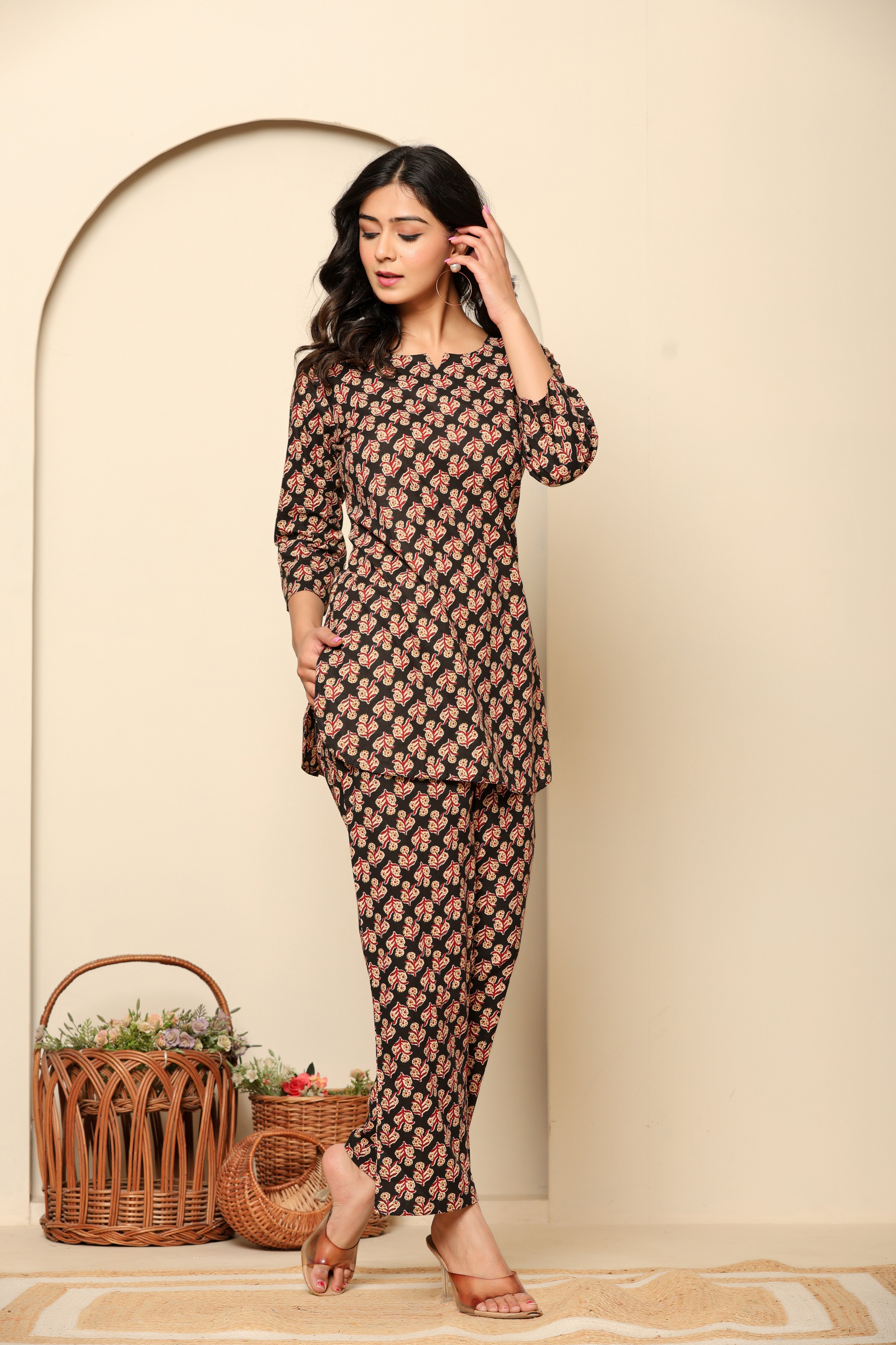 Black Printed Cotton Coord Set - qivii