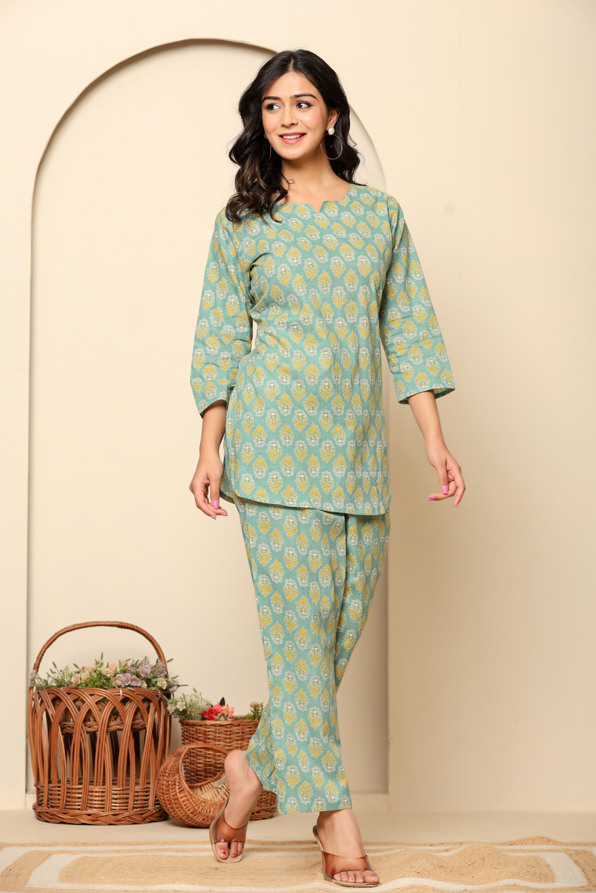 Green Printed Cotton Coord Set - qivii