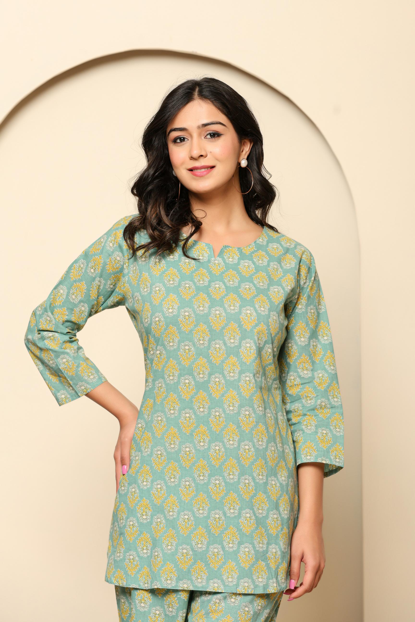 Green Printed Cotton Coord Set - qivii