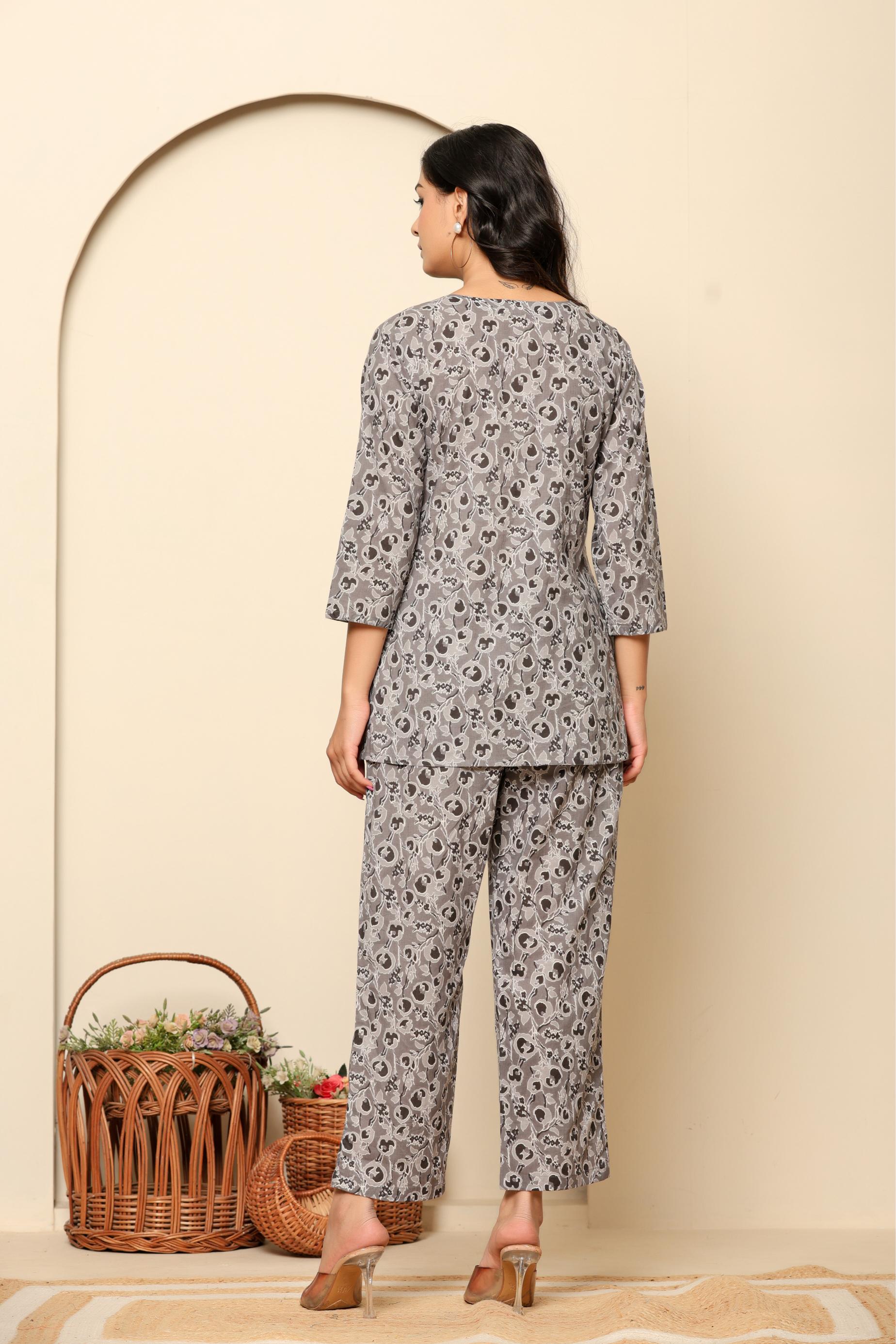 Grey Printed Cotton Coord Set - qivii