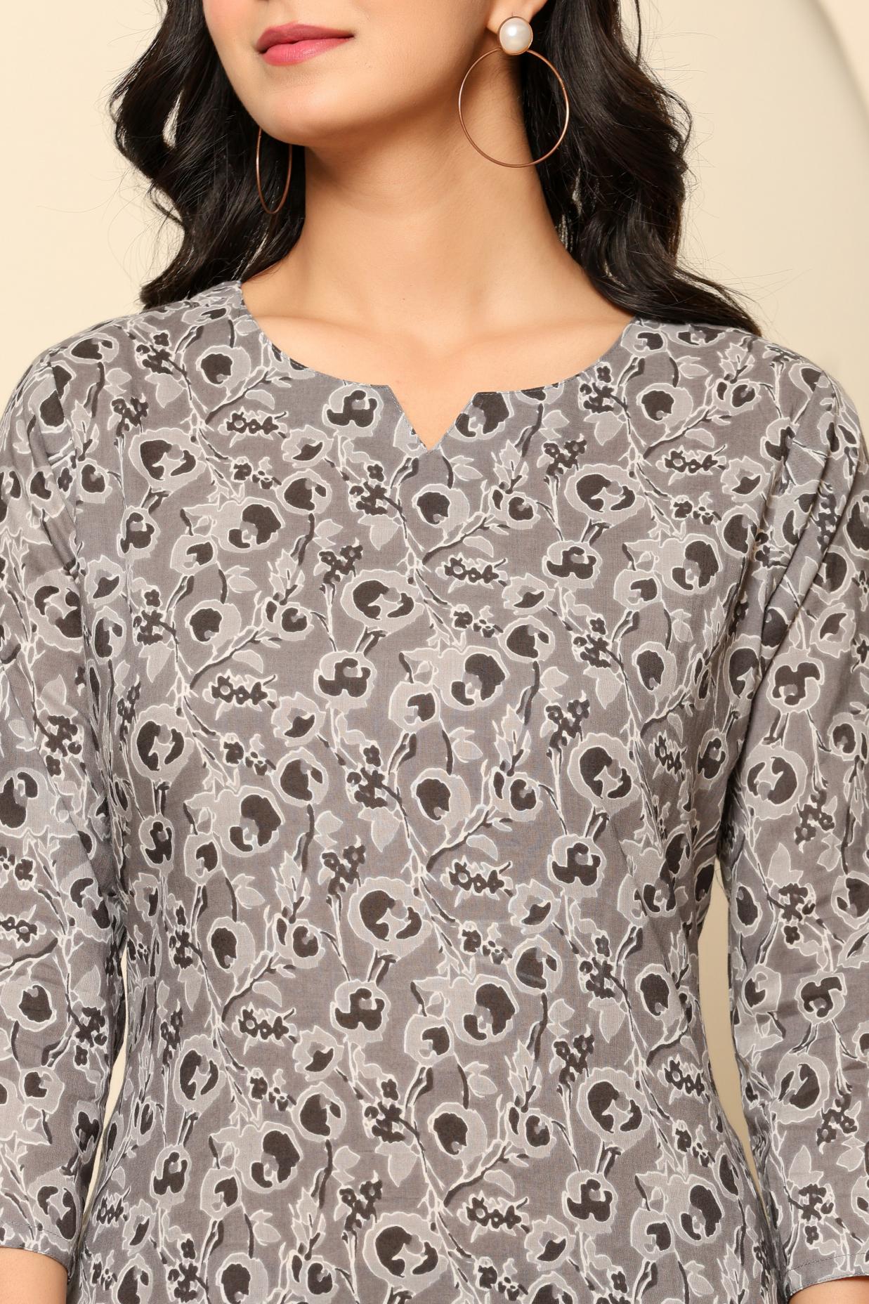 Grey Printed Cotton Coord Set - qivii