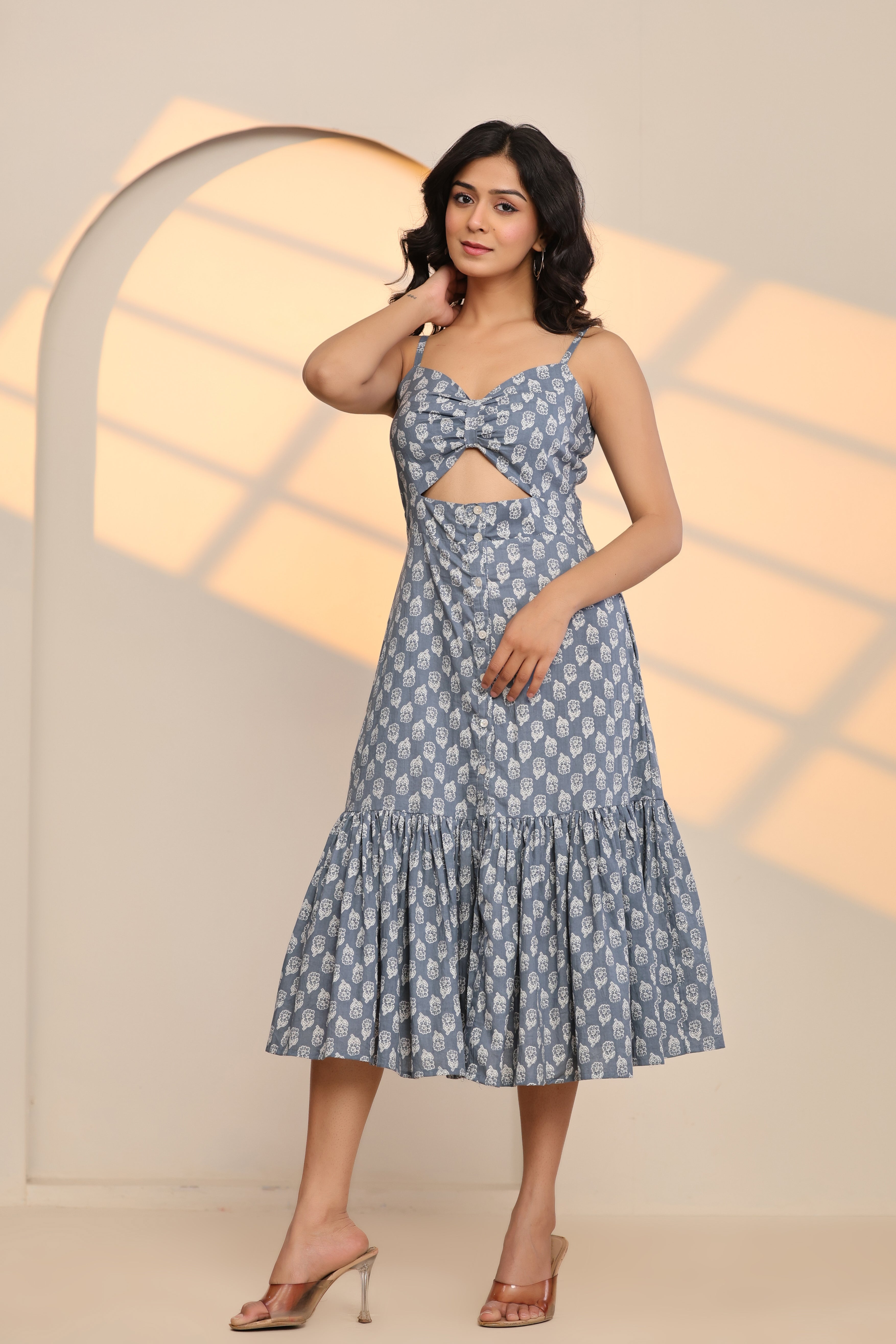 Oyster Grey Cotton Hand Block Printed Midi Dress - By Ragavi - qivii