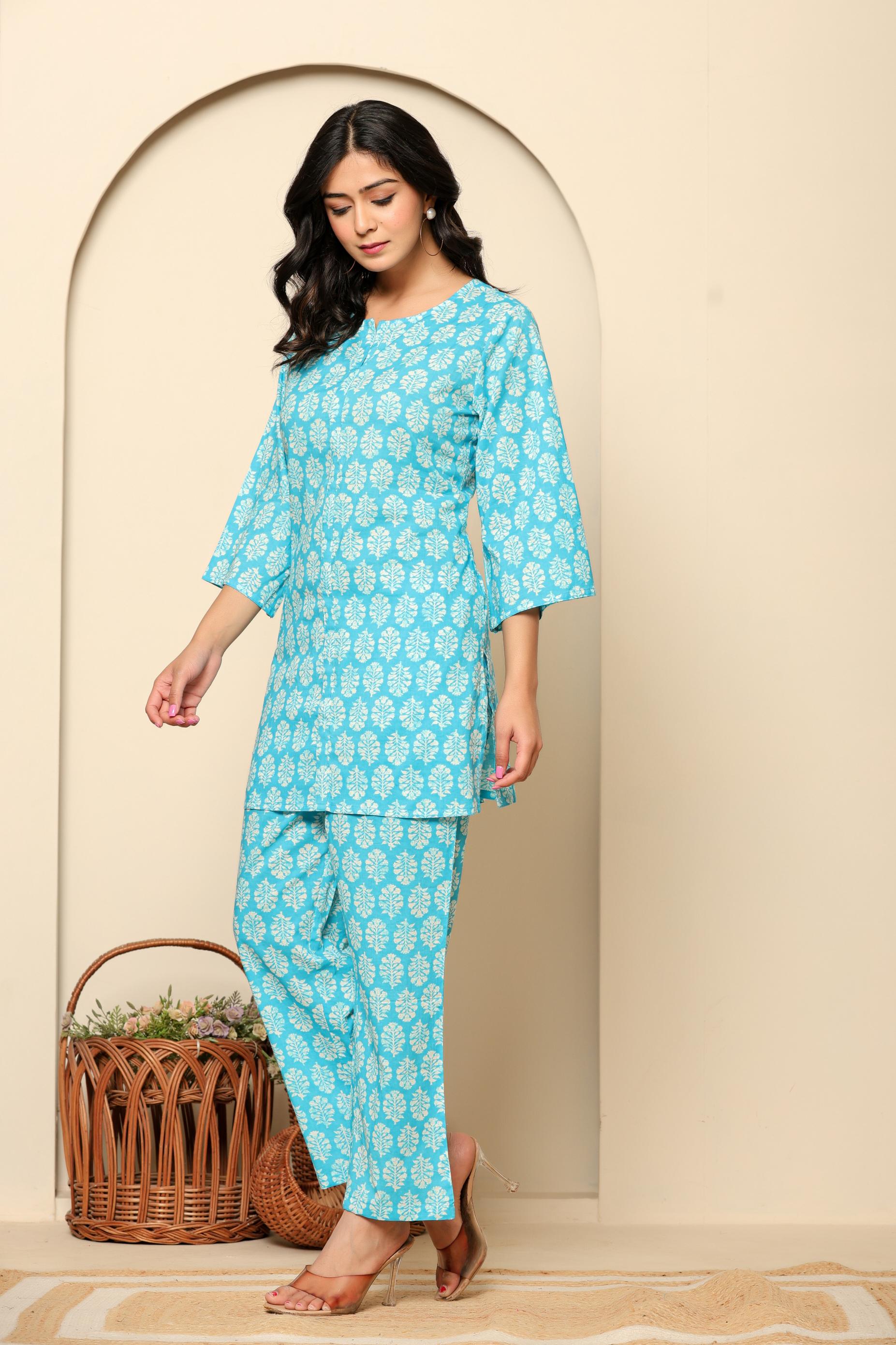Sky Blue Printed Cotton Coord Set - qivii