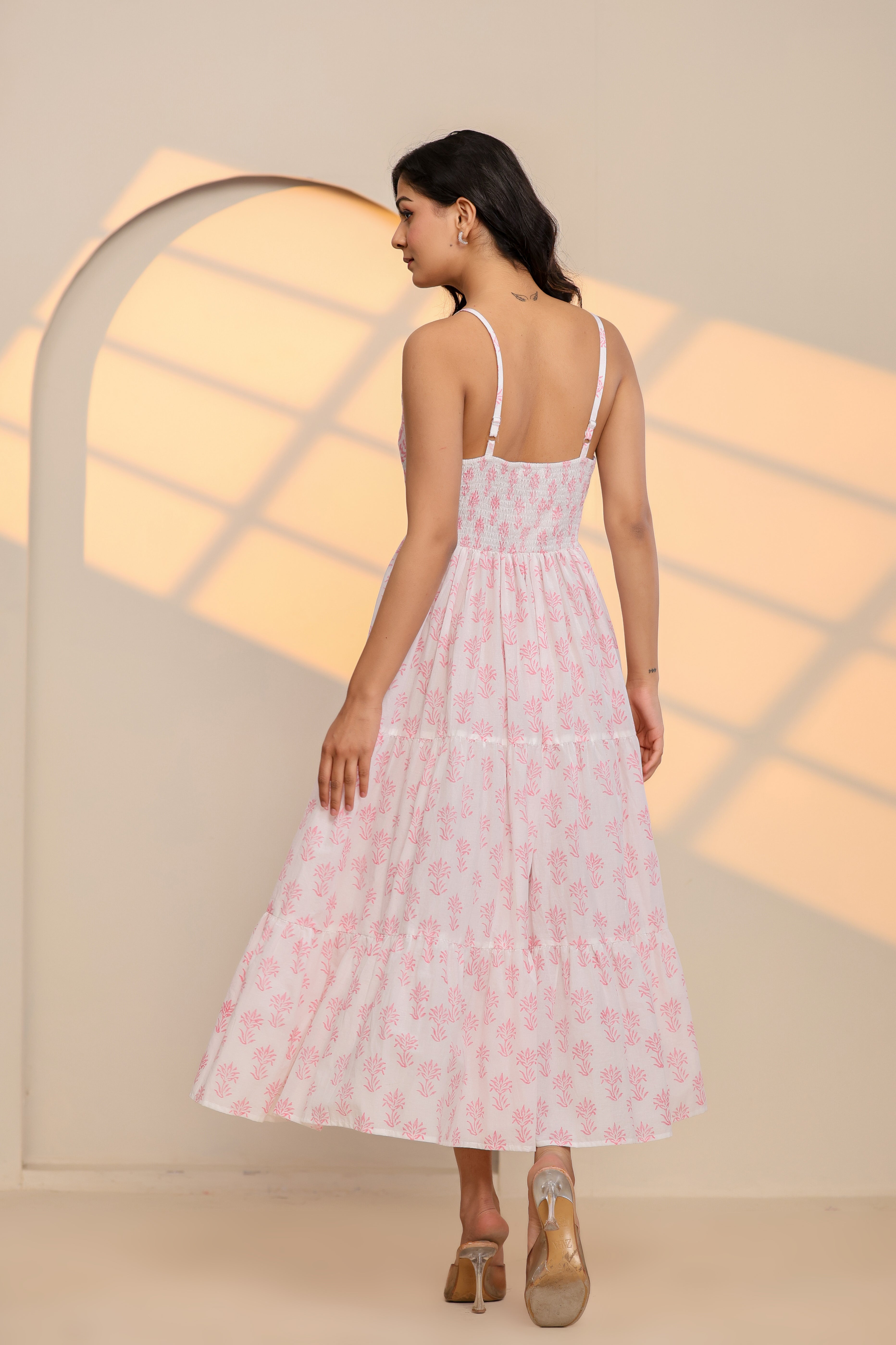 Rose Pink and White Printed Cotton Maxi Dress - By Ragavi - qivii