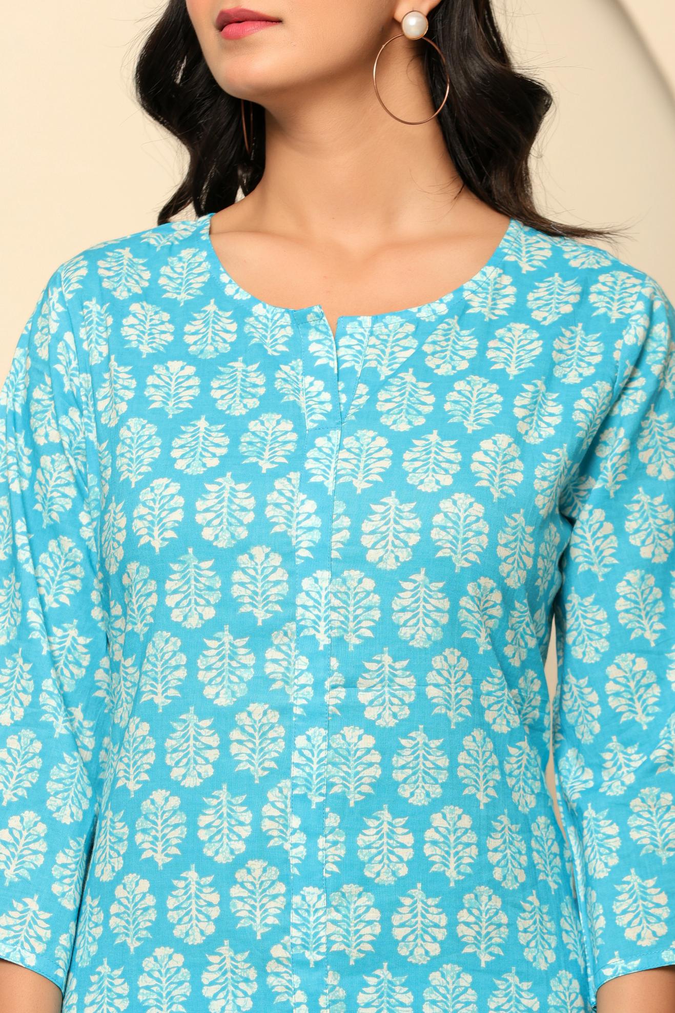 Sky Blue Printed Cotton Coord Set - qivii