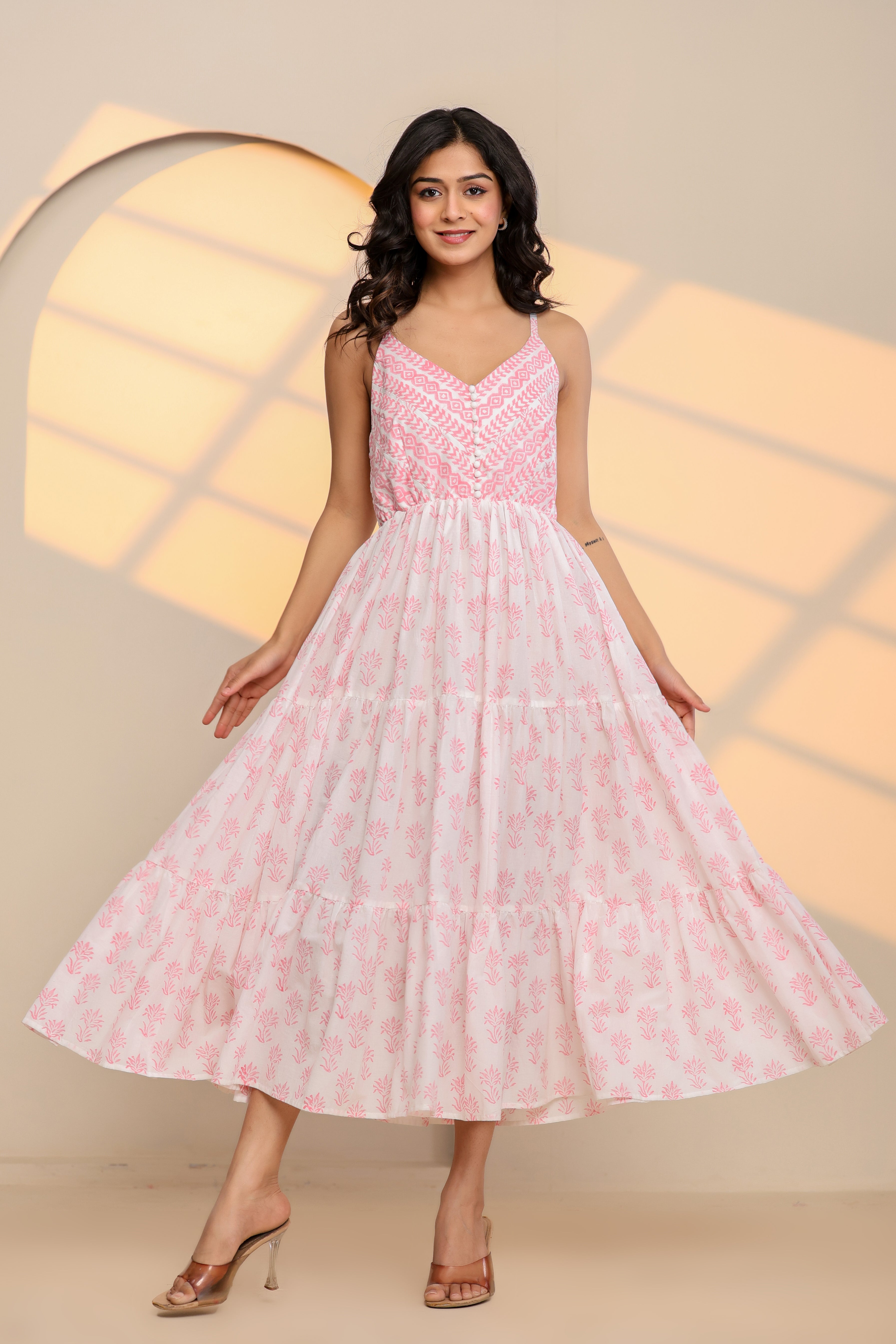 Rose Pink and White Printed Cotton Maxi Dress - By Ragavi - qivii