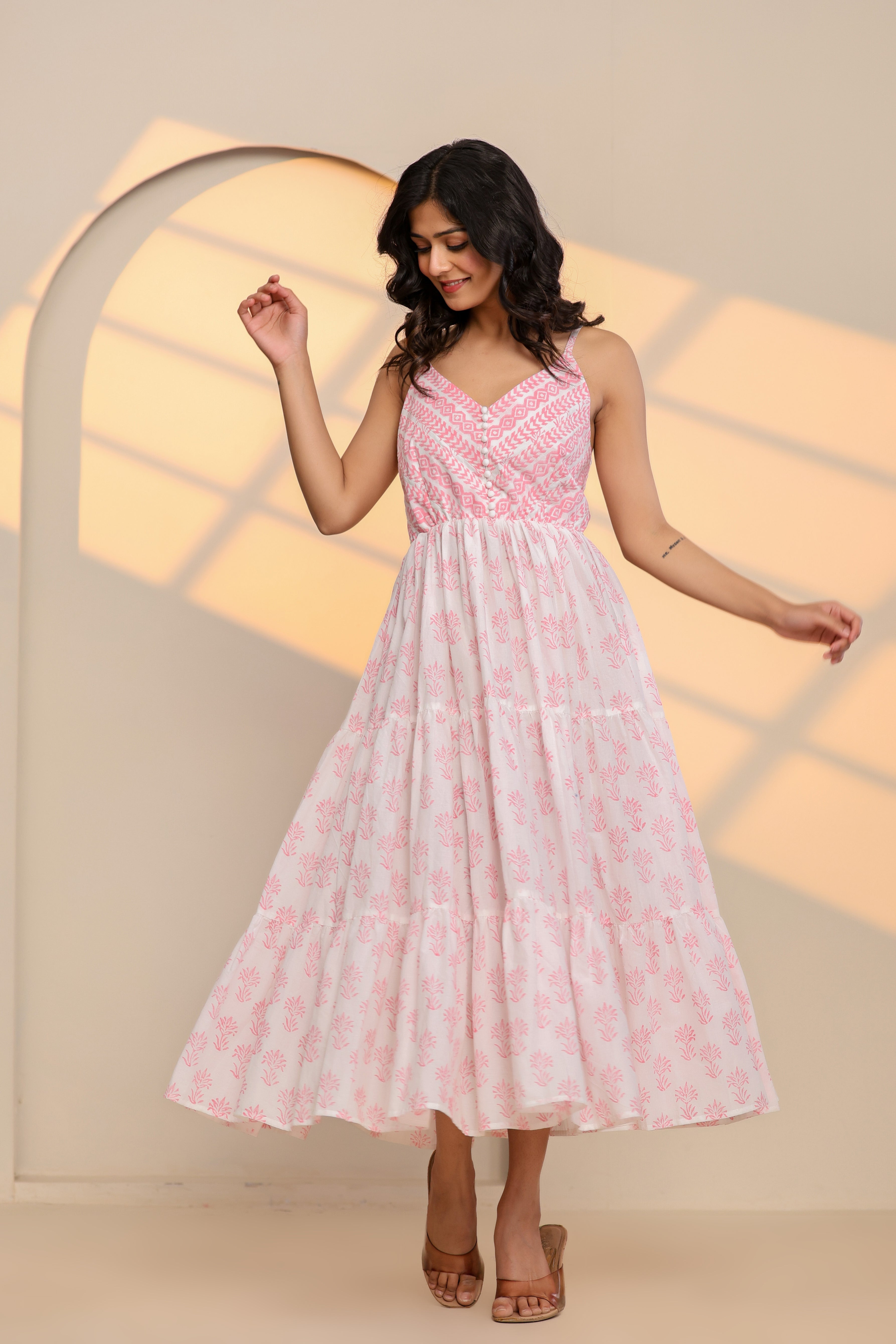 Rose Pink and White Printed Cotton Maxi Dress - By Ragavi - qivii