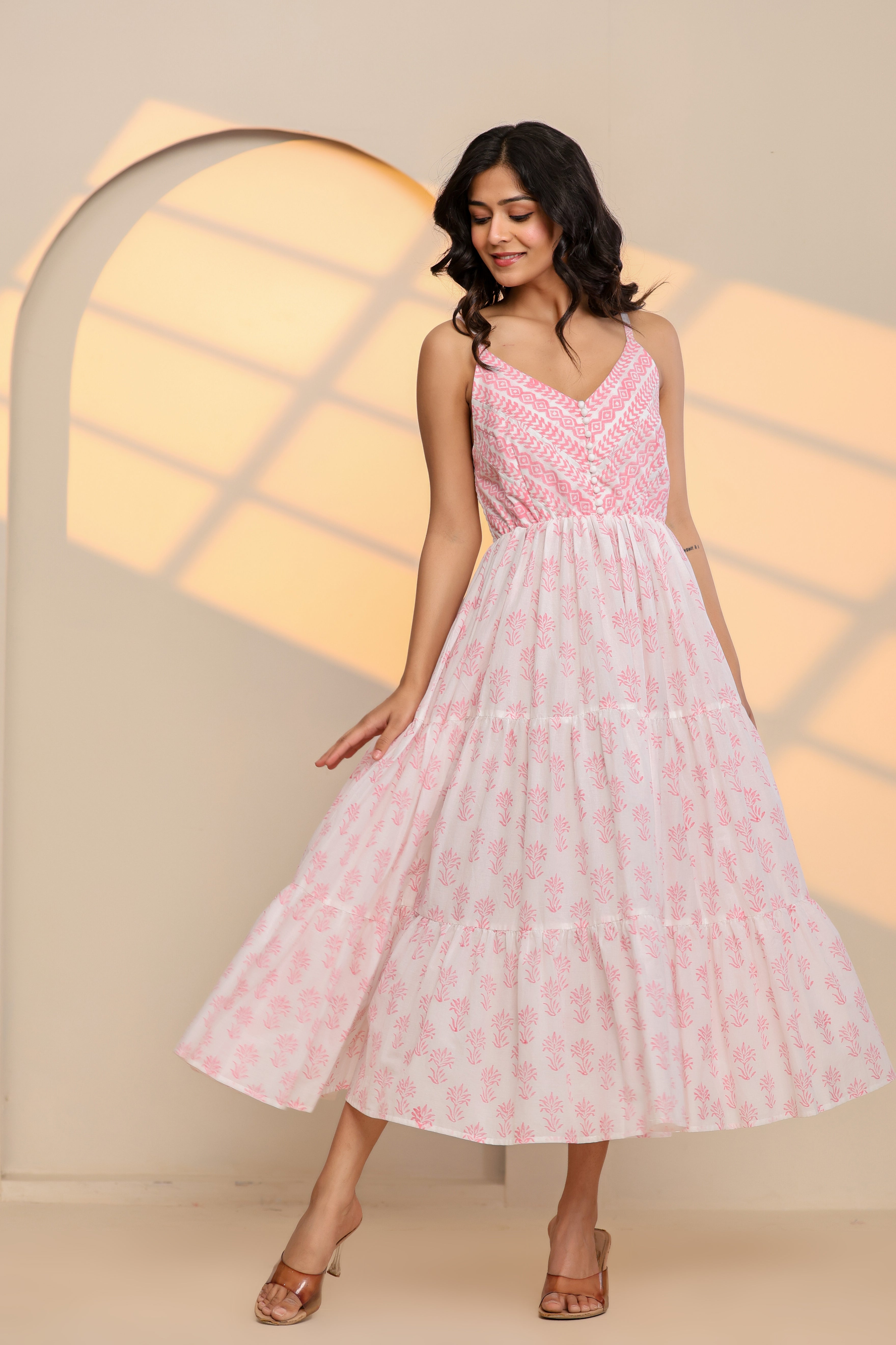 Rose Pink and White Printed Cotton Maxi Dress