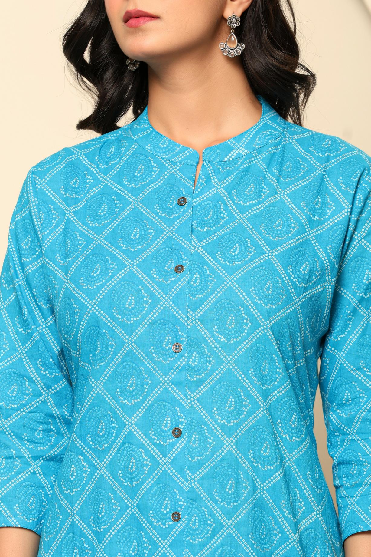 Blue Printed Cotton Kurta Set - qivii