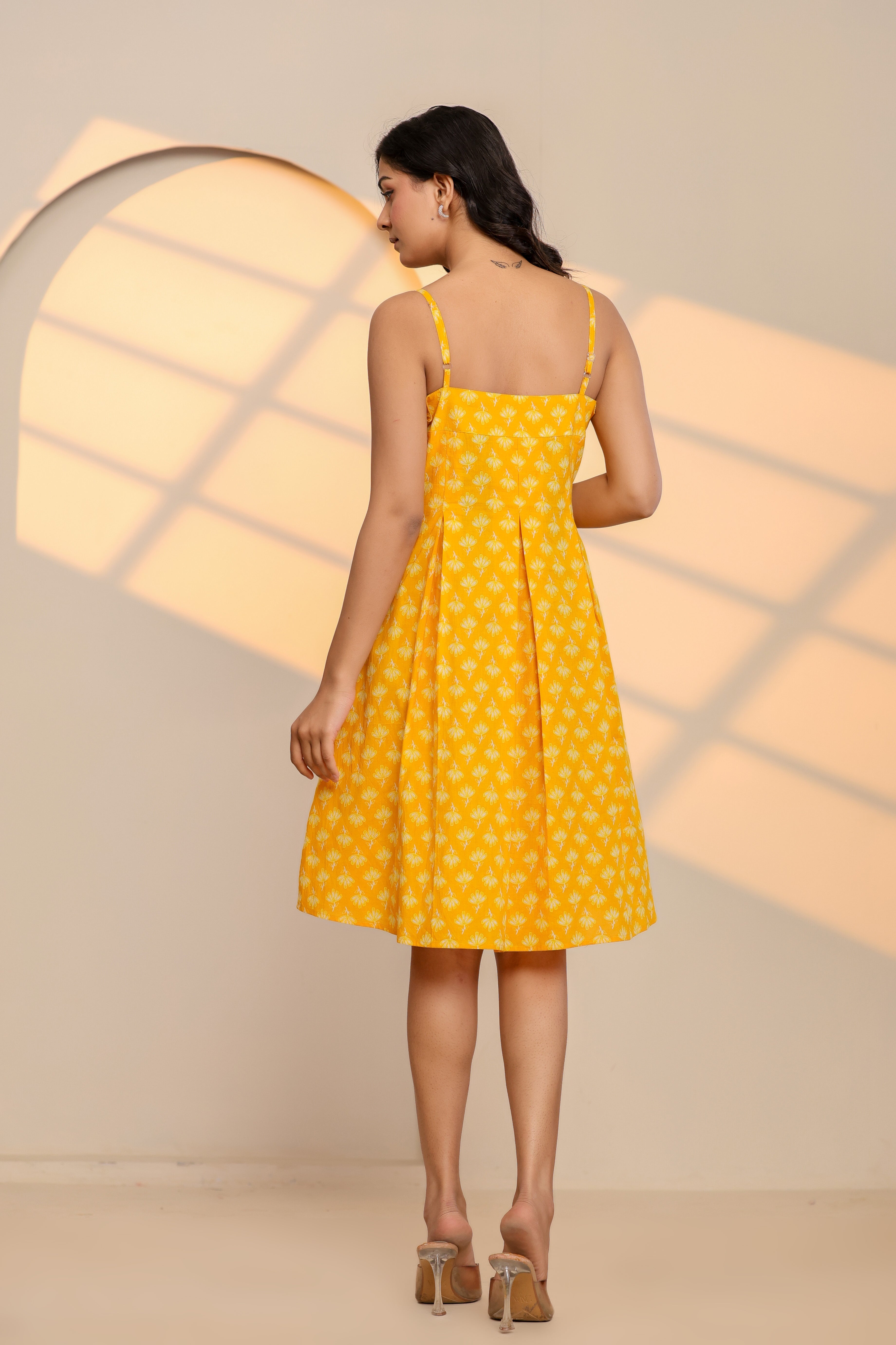 Misted Marigold Yellow Cotton Hand Block Printed Mini Dress - By Ragavi - qivii