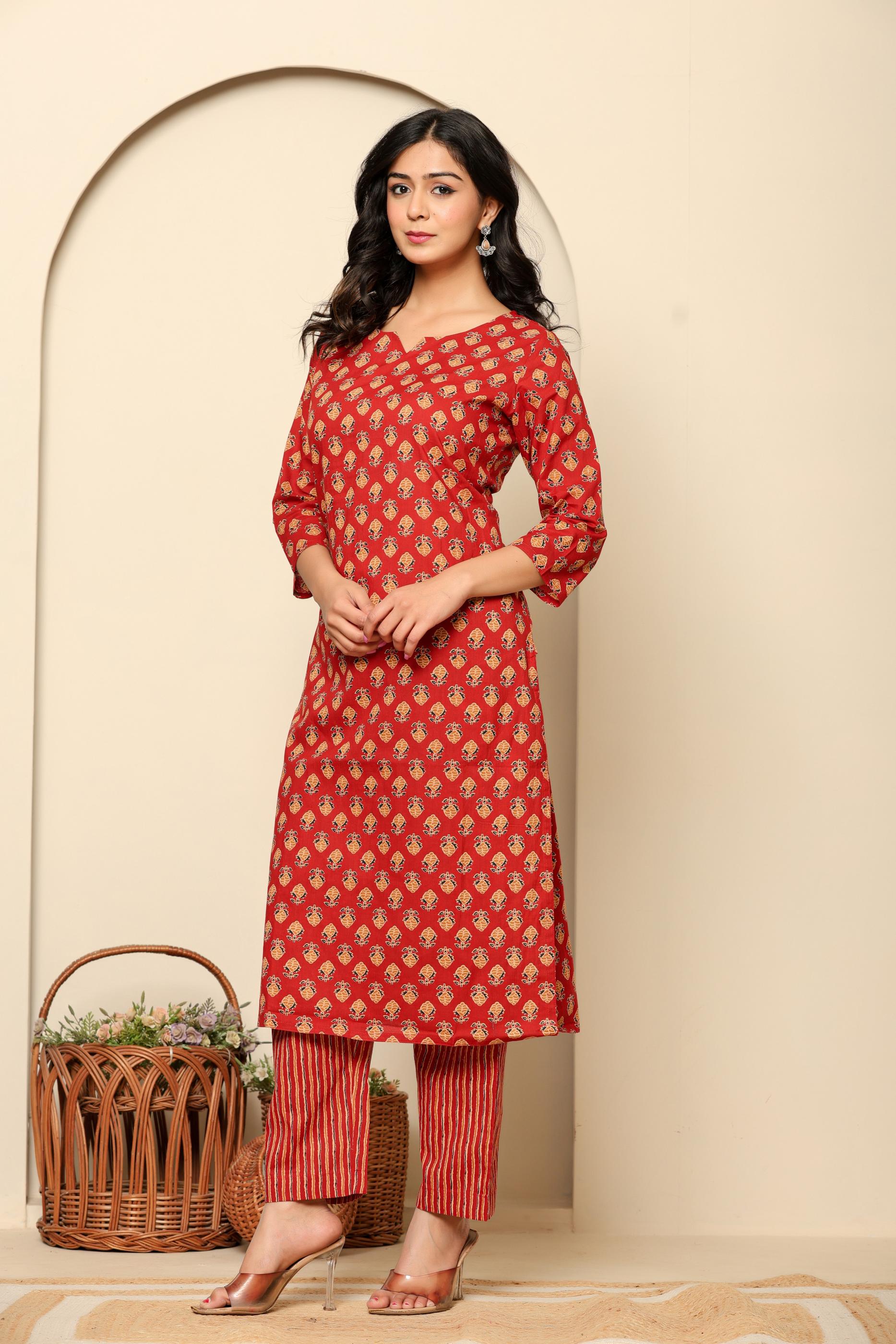 Red Printed Cotton Kurta Set - qivii
