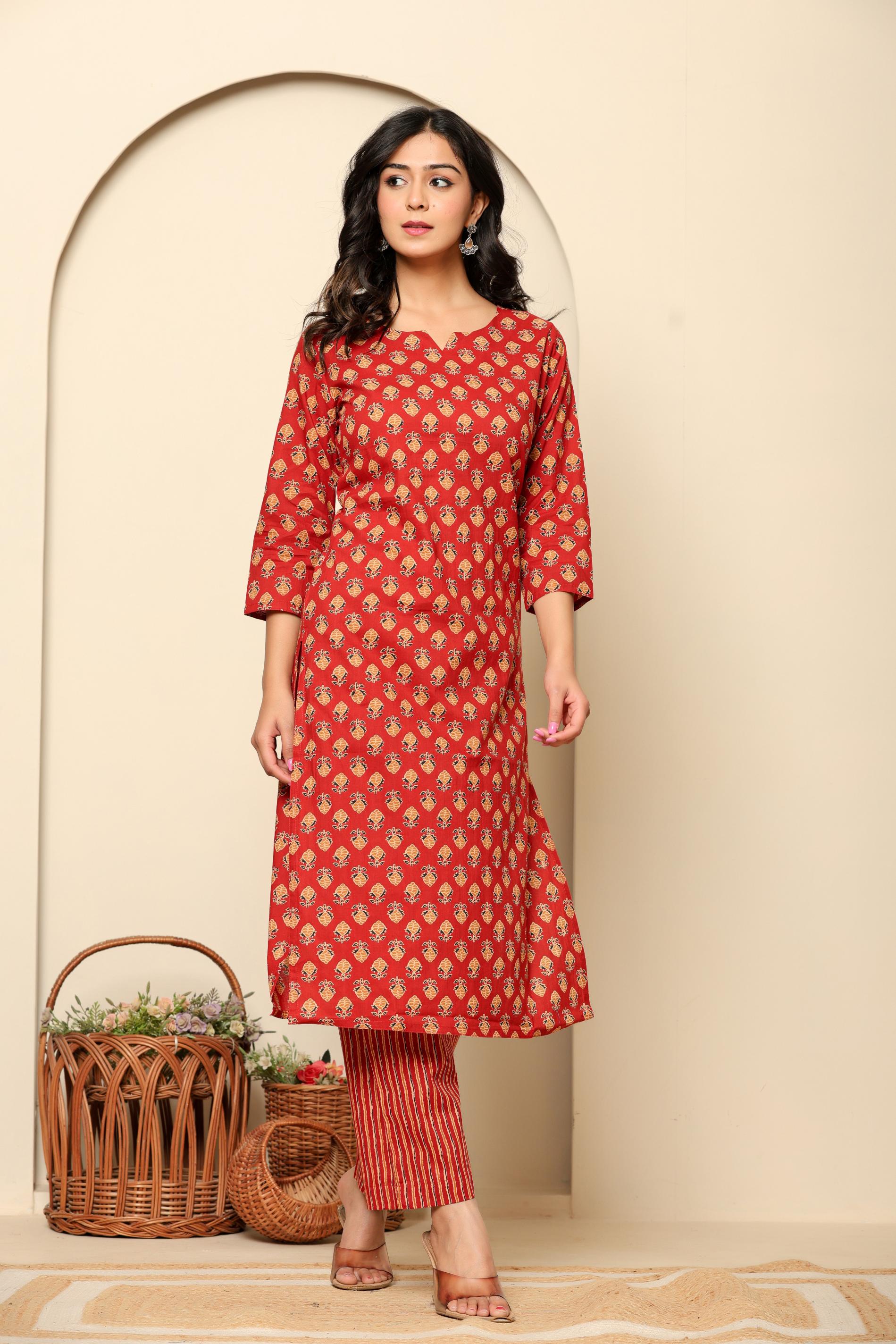Red Printed Cotton Kurta Set - qivii