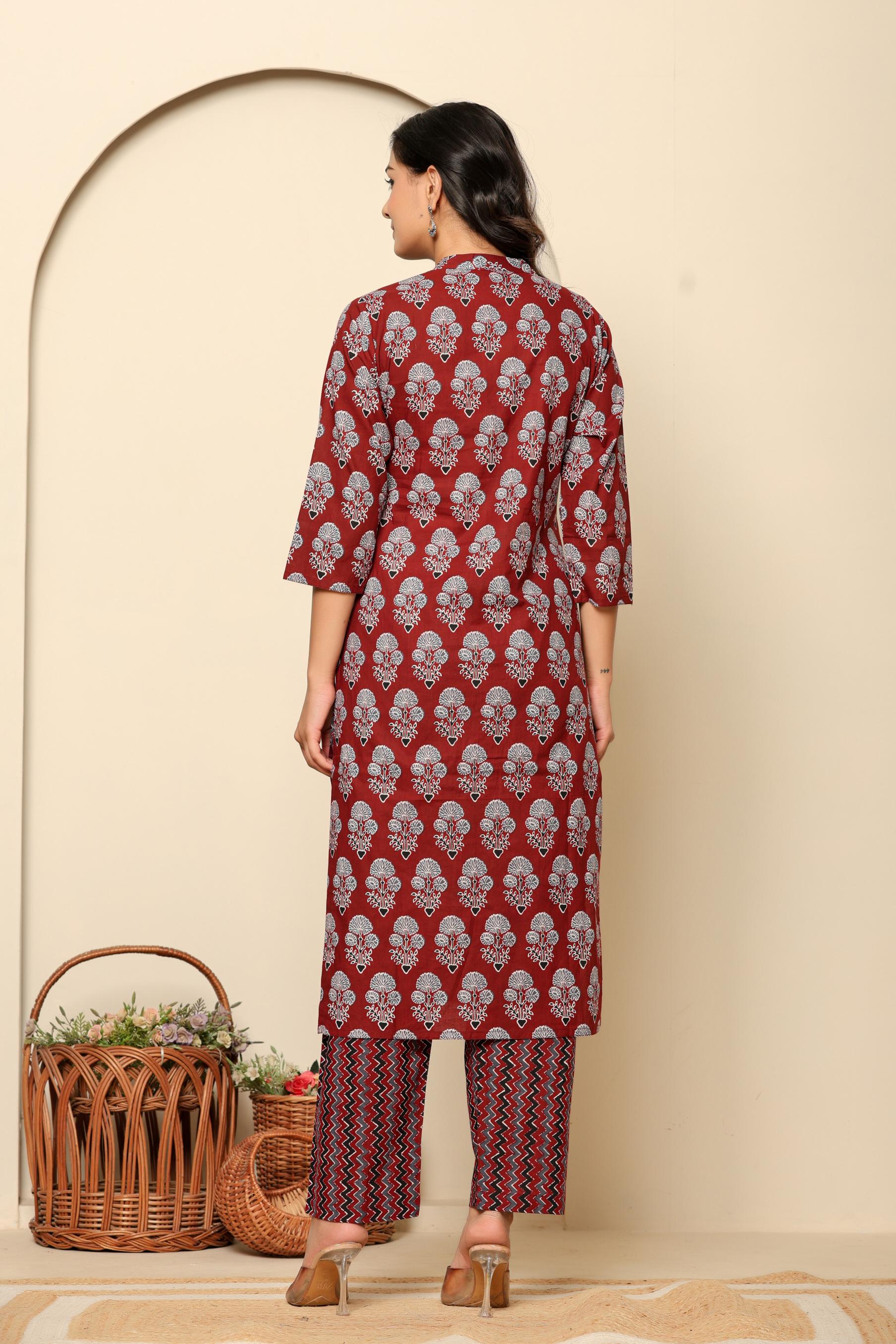 Maroon Printed Cotton Kurta Set - qivii