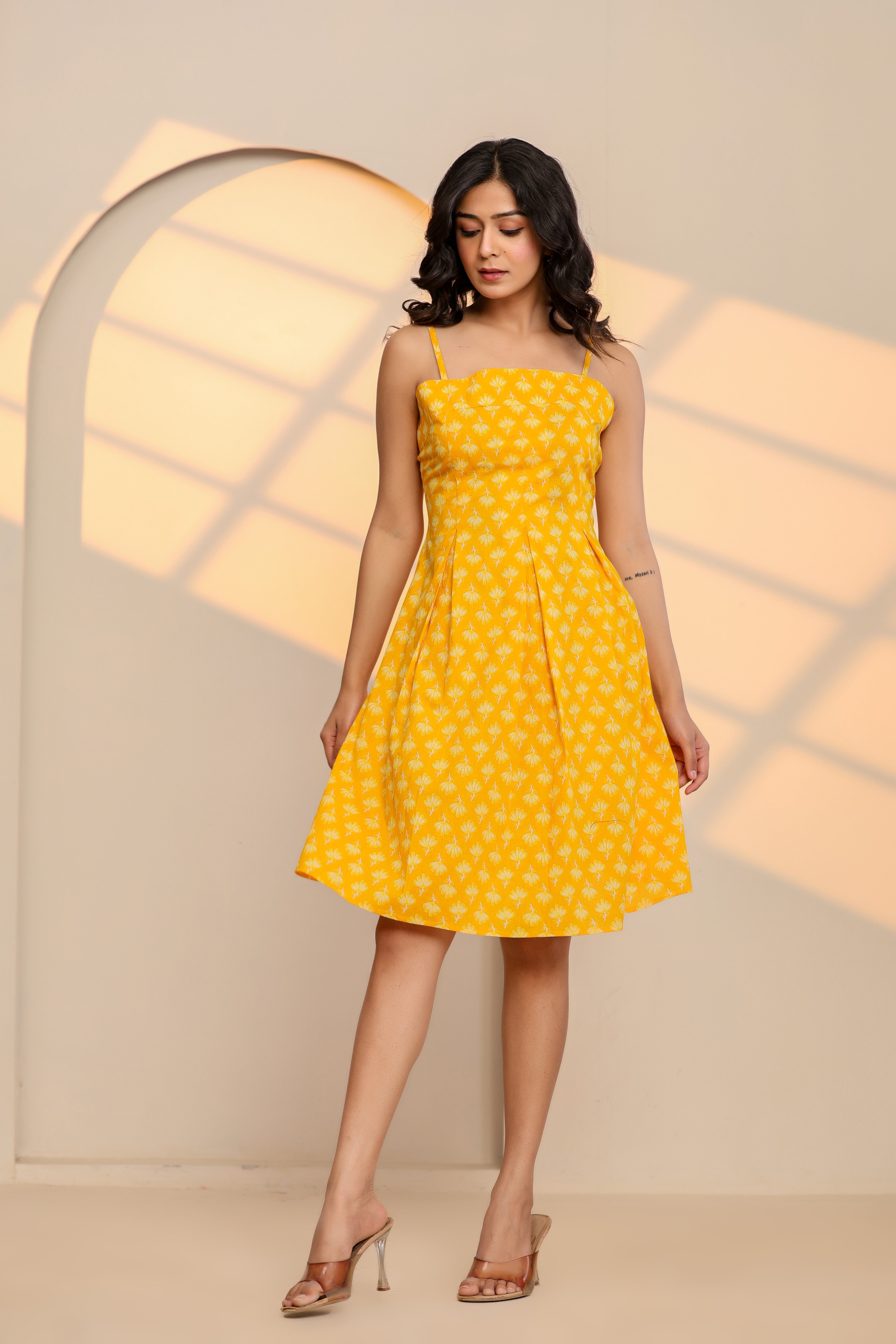 Misted Marigold Yellow Cotton Hand Block Printed Mini Dress - By Ragavi - qivii