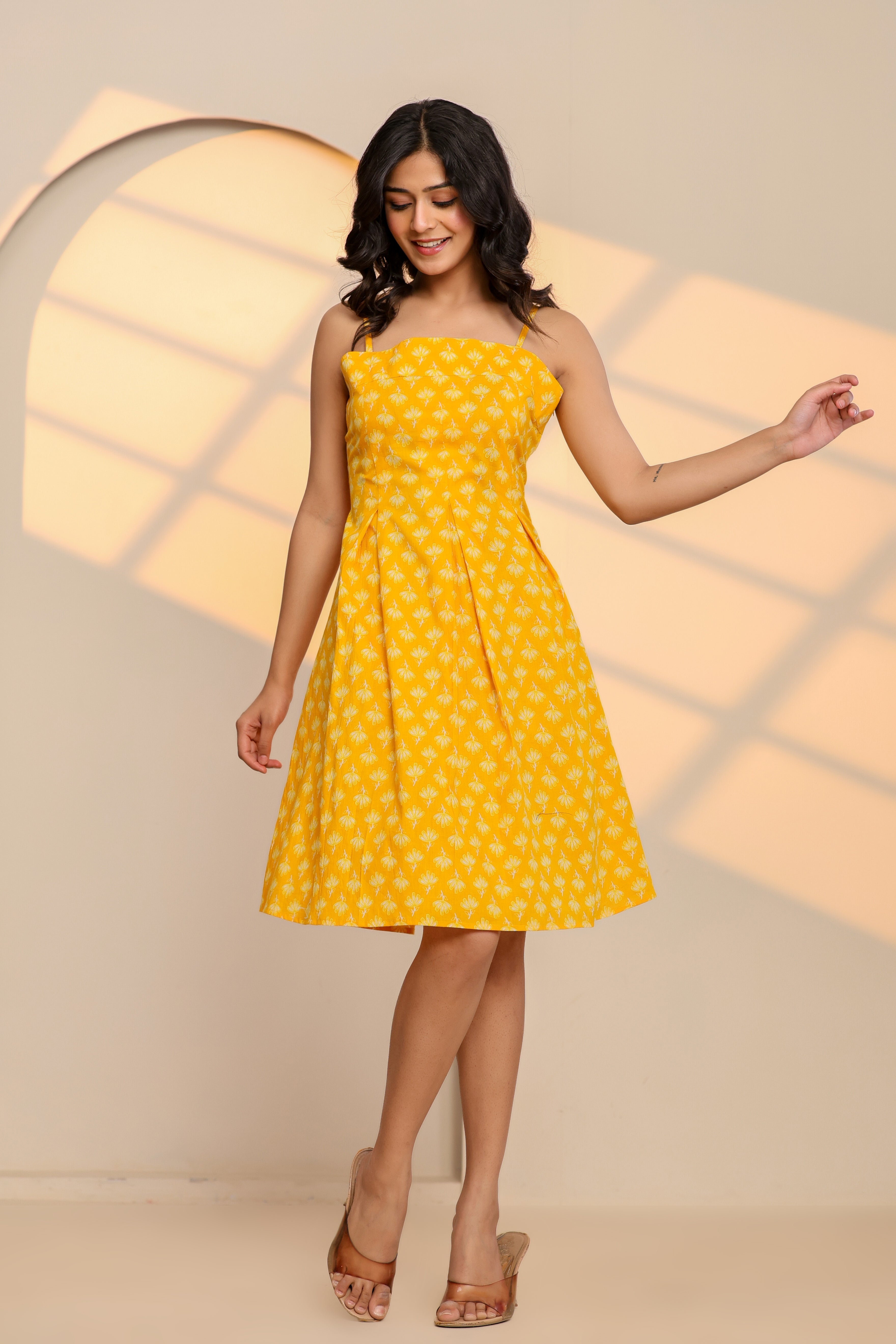 Misted Marigold Yellow Cotton Hand Block Printed Mini Dress