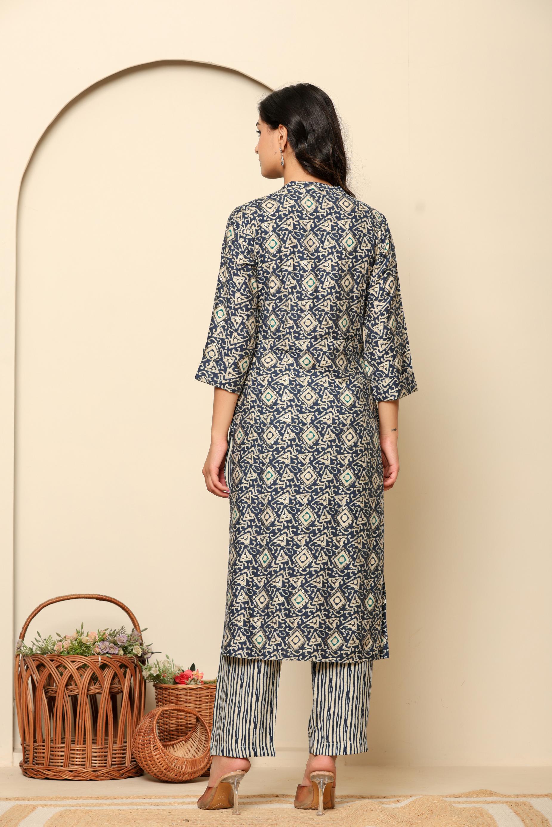 Blue Printed Rayon Kurta Set - qivii