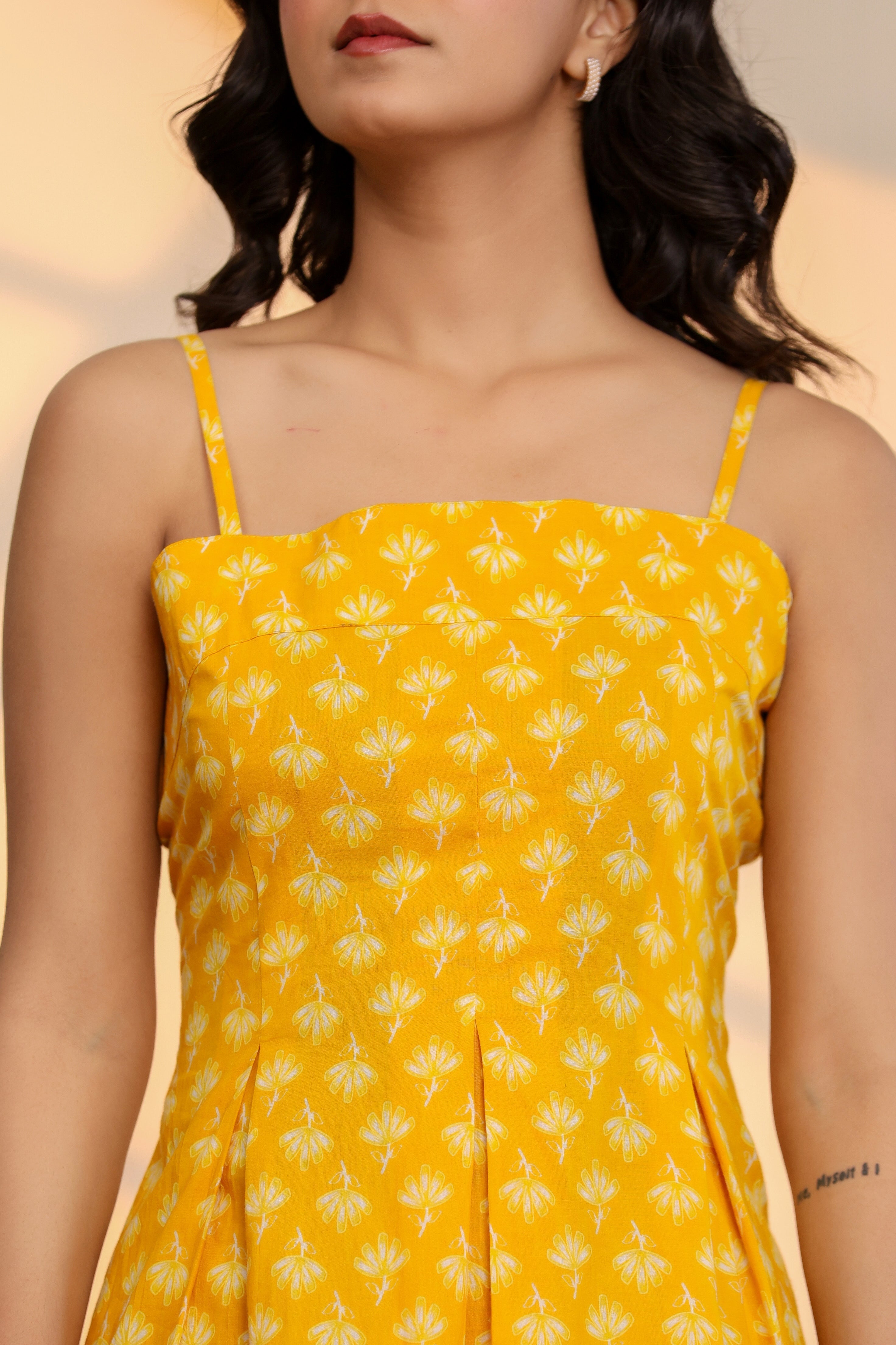 Misted Marigold Yellow Cotton Hand Block Printed Mini Dress - By Ragavi - qivii