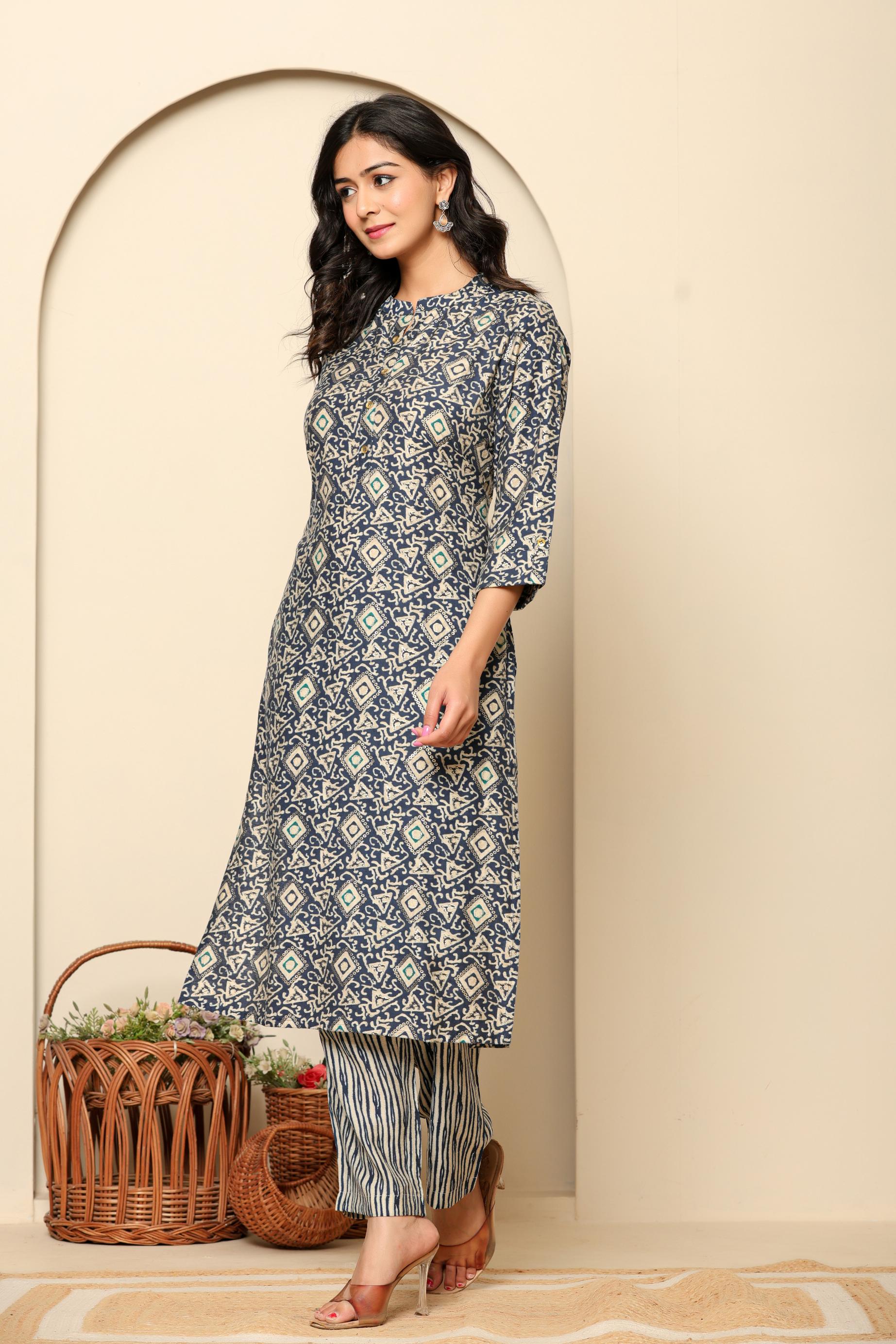 Blue Printed Rayon Kurta Set - qivii