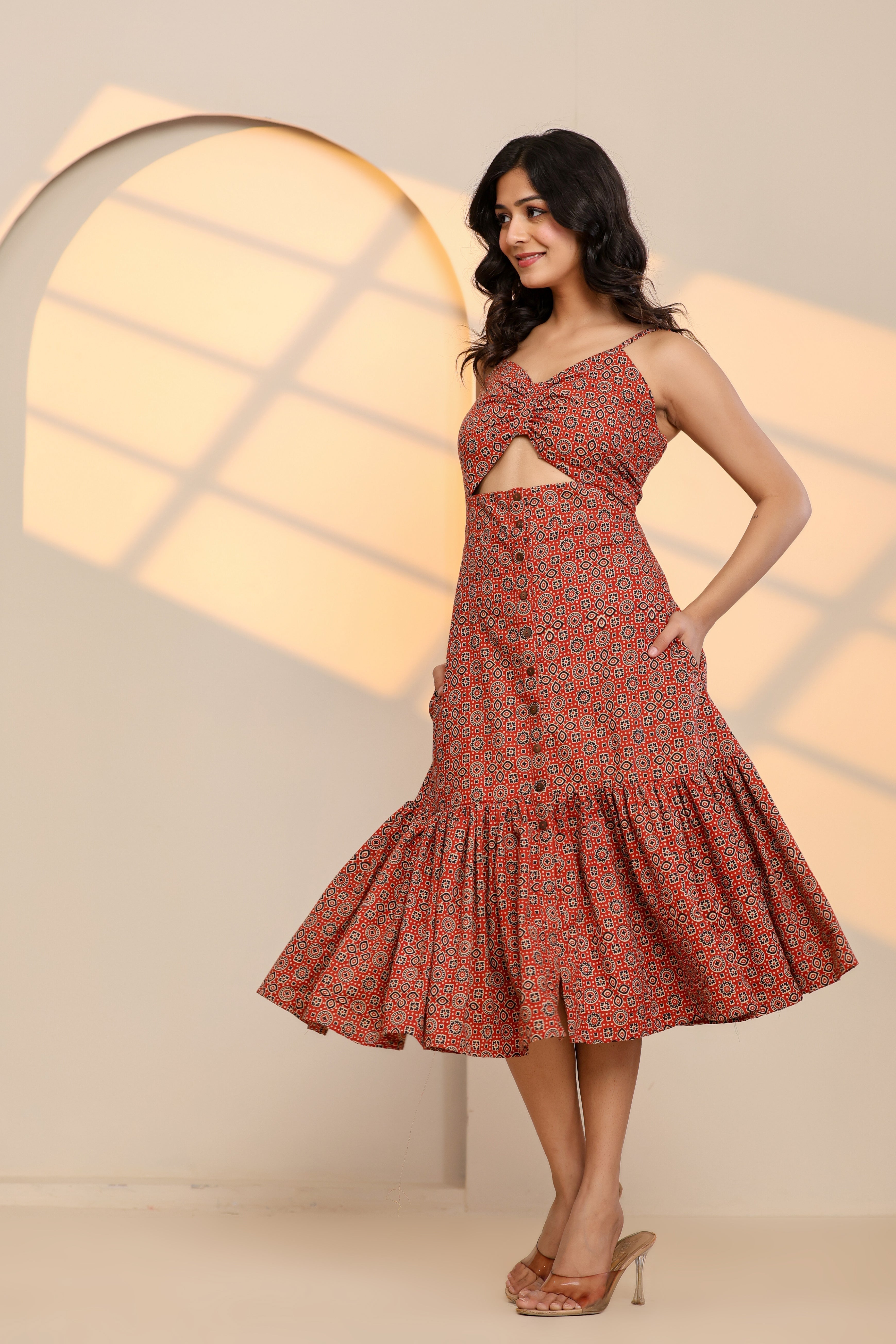 Racing Red Cotton Hand Block Printed Midi Dress - By Ragavi - qivii