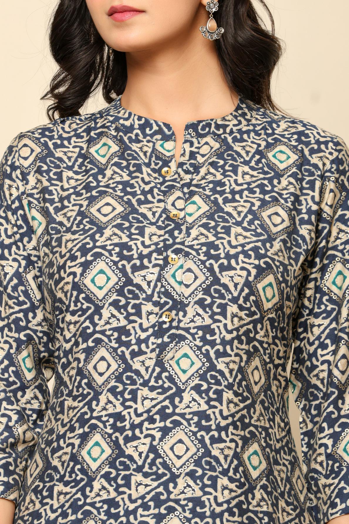 Blue Printed Rayon Kurta Set - qivii