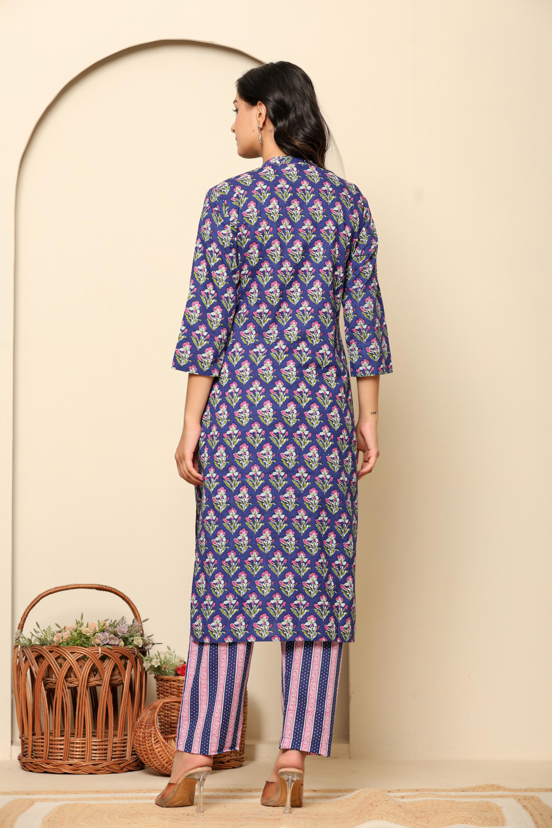 Purple Printed Cotton Kurta Set - qivii