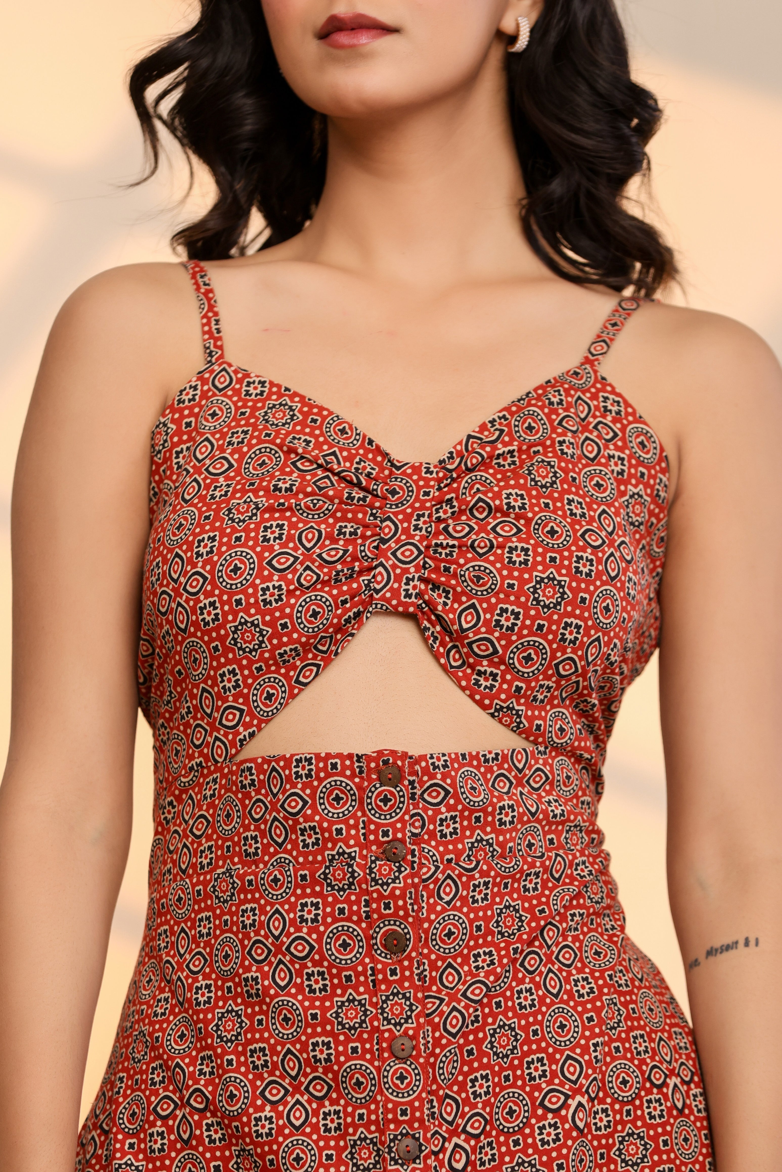 Racing Red Cotton Hand Block Printed Midi Dress - By Ragavi - qivii