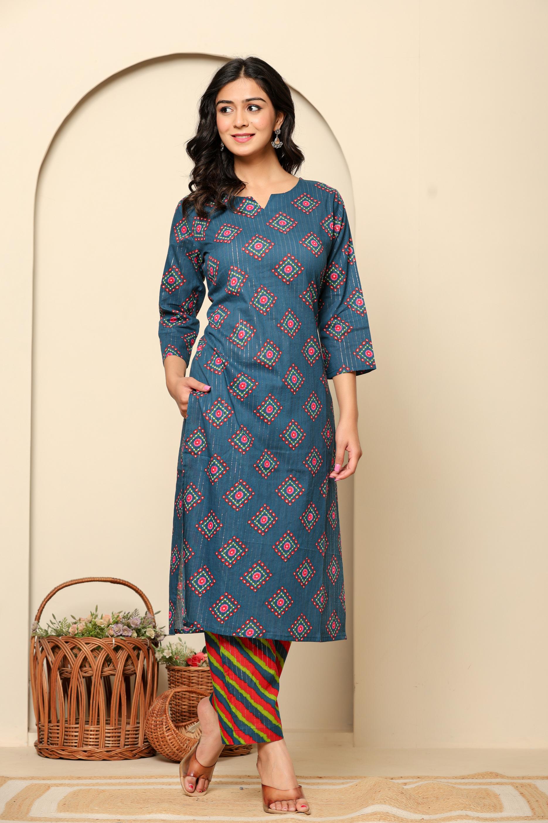 Navy Blue Printed Cotton Kurta Set