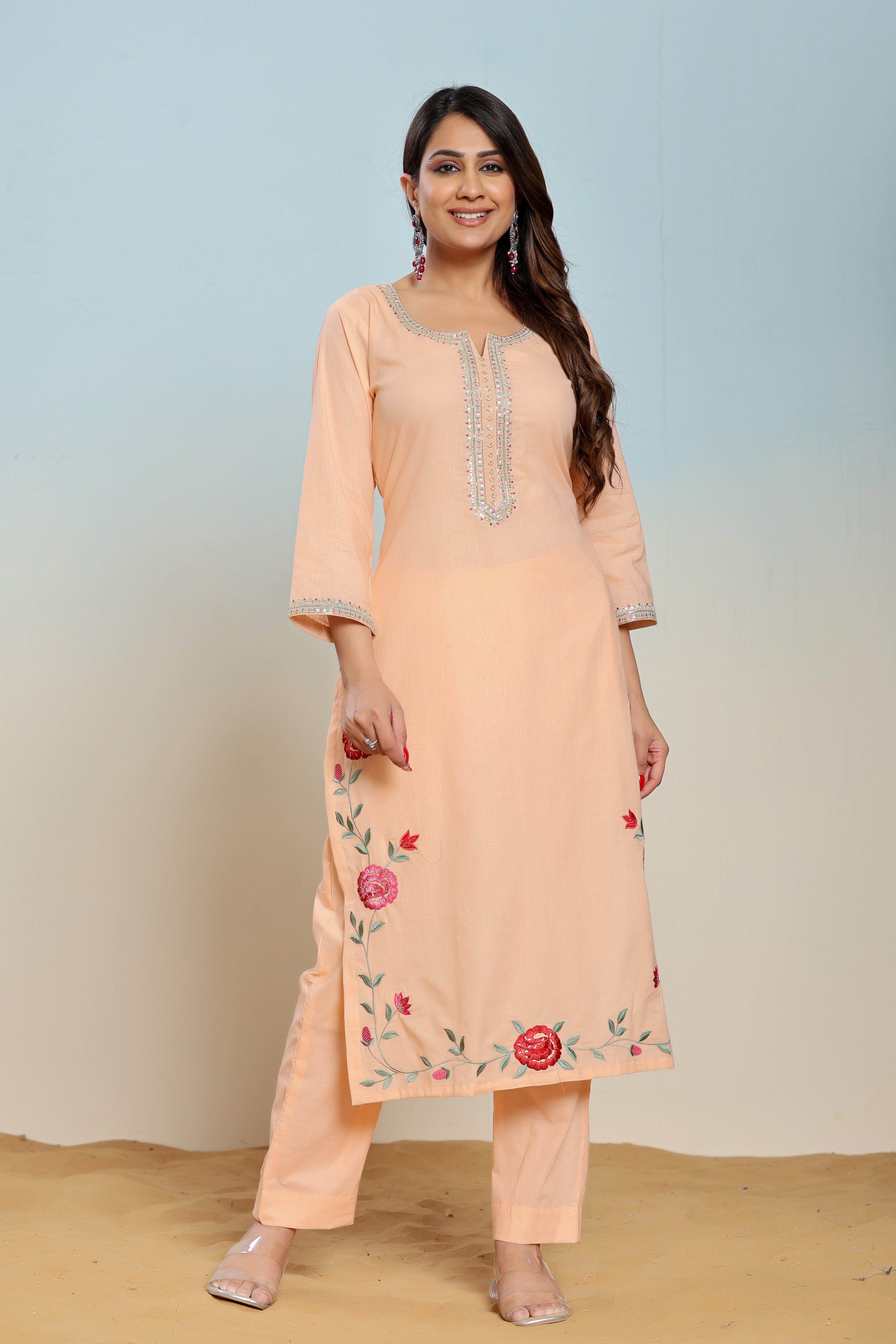 Peach Nectar Embroidered Cotton Suit Set - By Ragavi - qivii