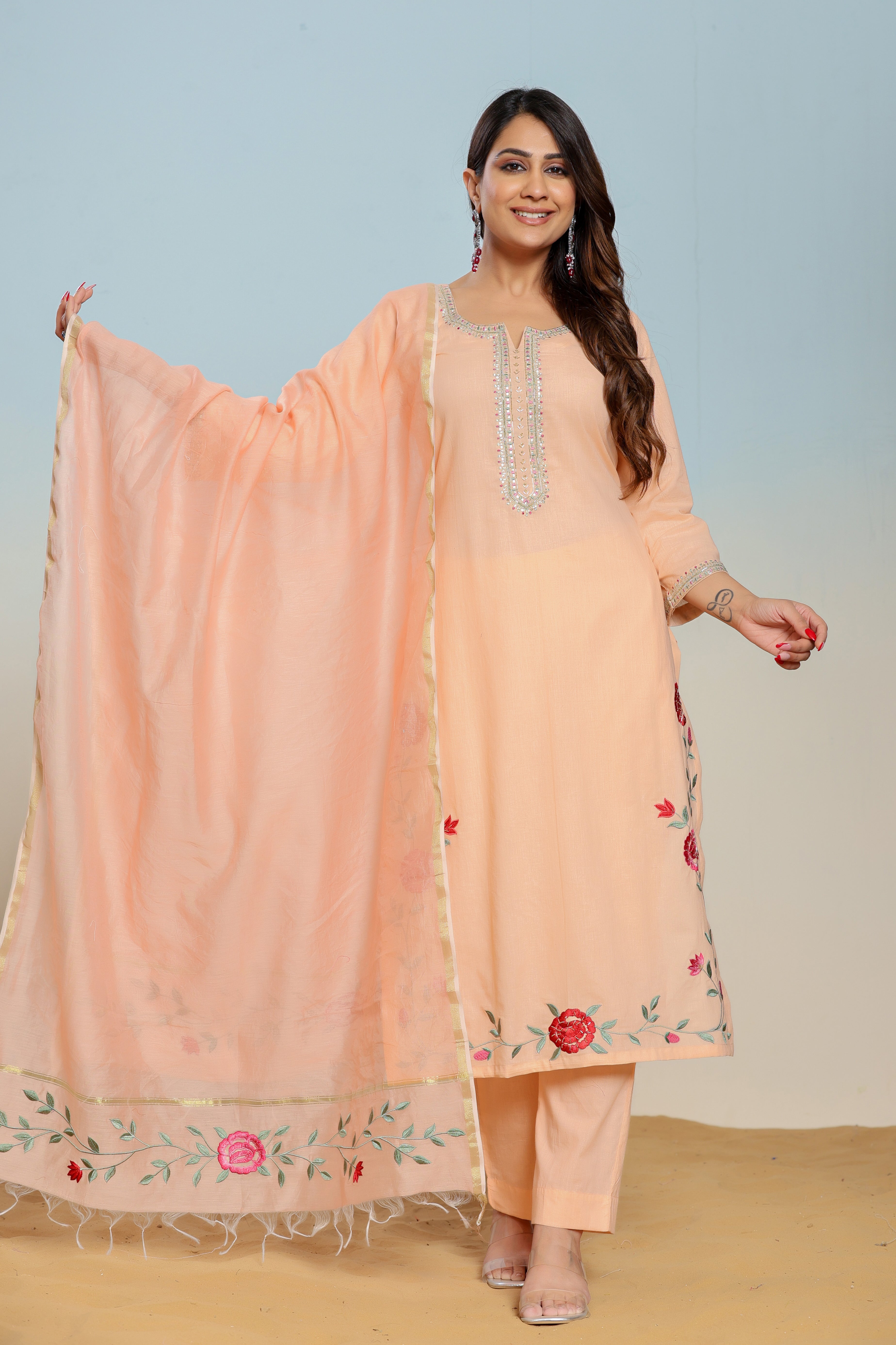 Peach Nectar Embroidered Cotton Suit Set - By Ragavi - qivii