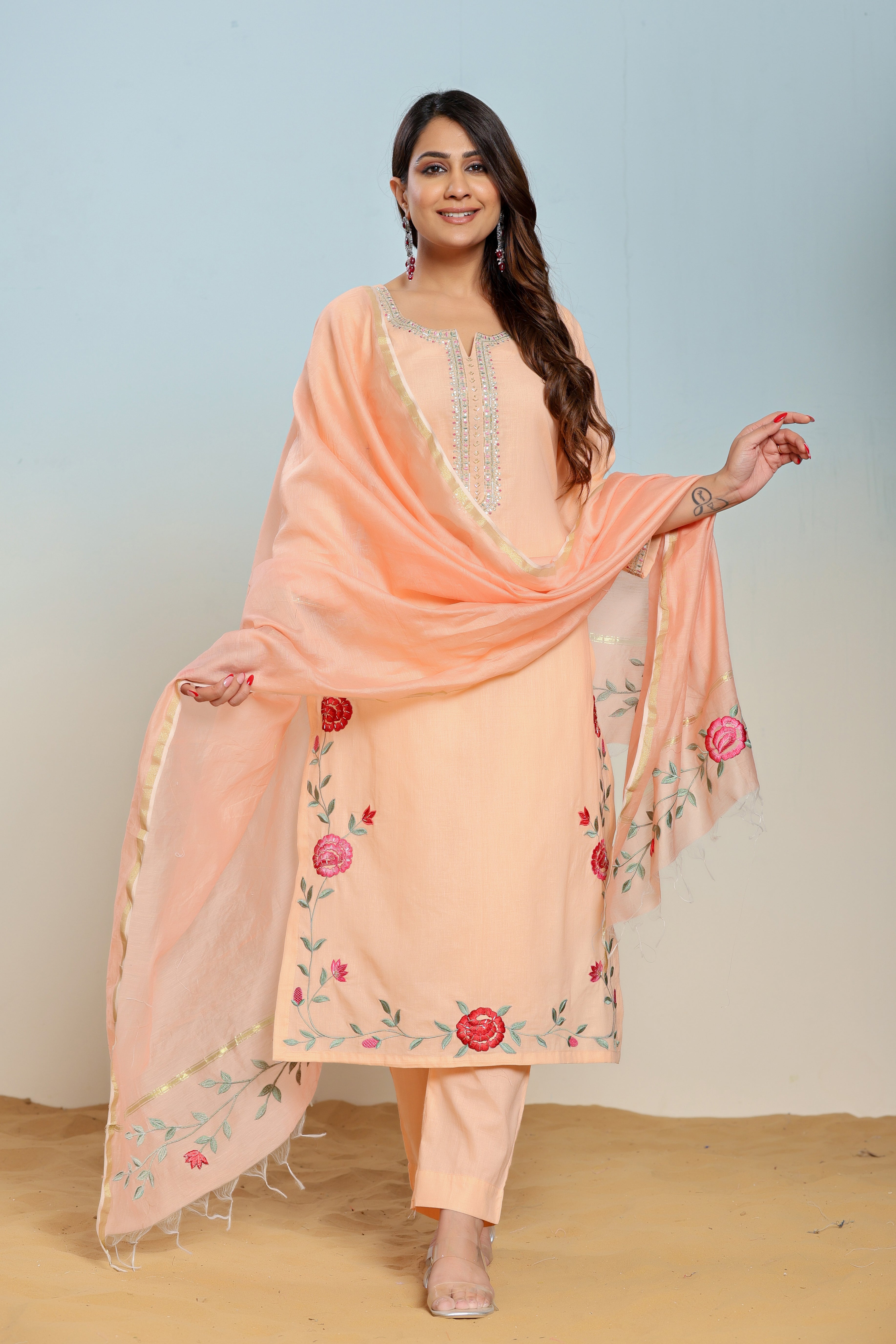 Peach Nectar Embroidered Cotton Suit Set - By Ragavi - qivii