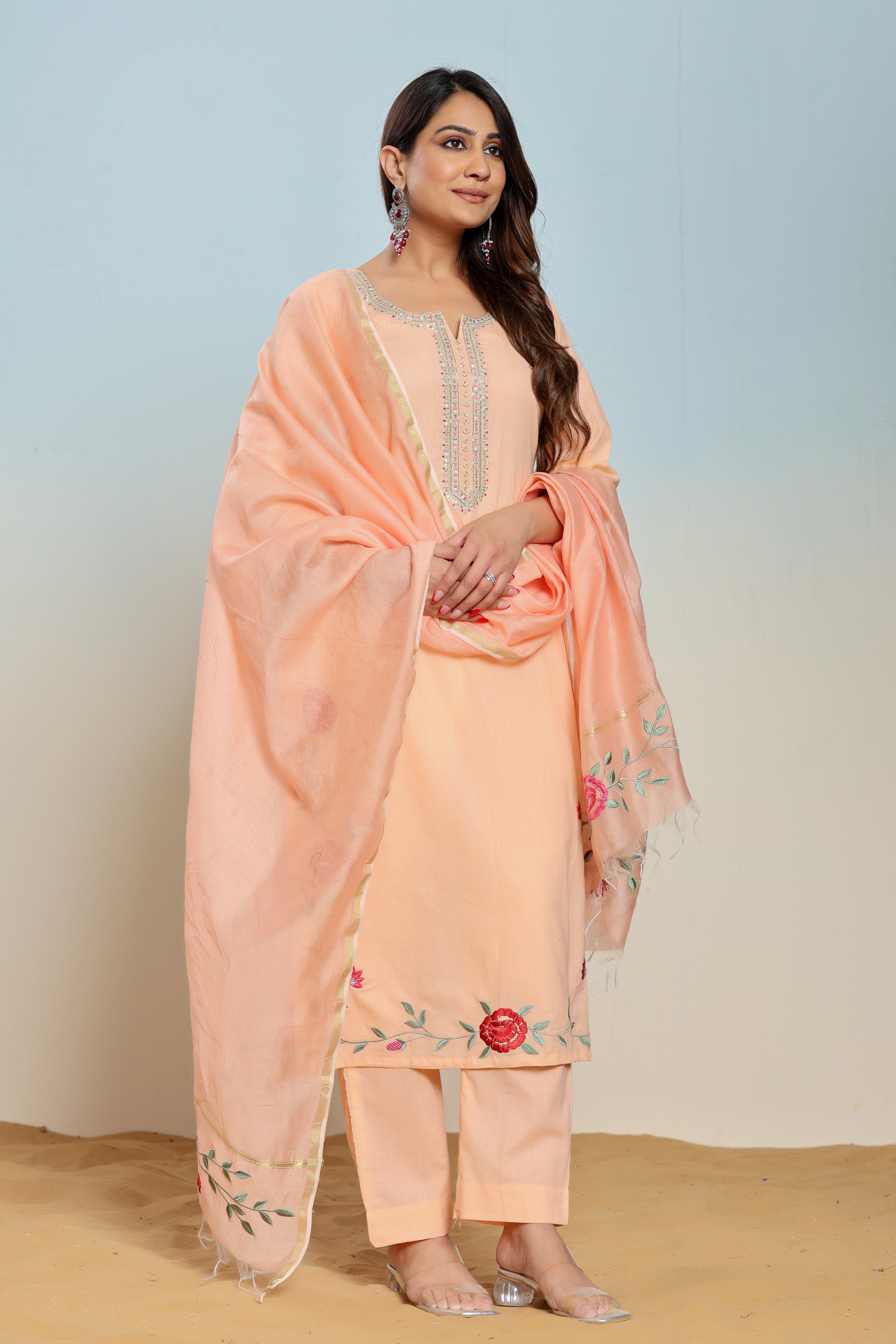 Peach Nectar Embroidered Cotton Suit Set - By Ragavi - qivii