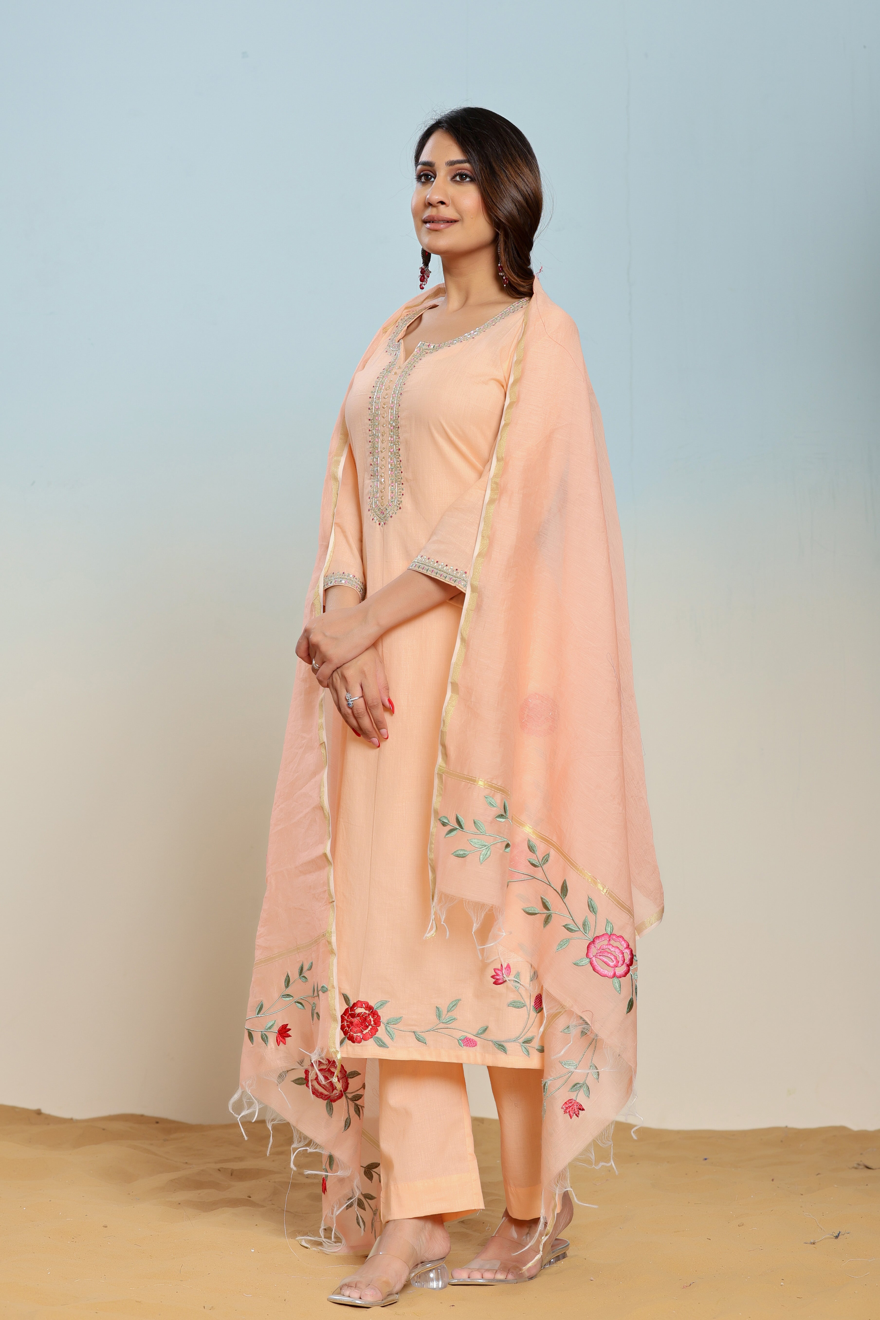 Peach Nectar Embroidered Cotton Suit Set - By Ragavi - qivii