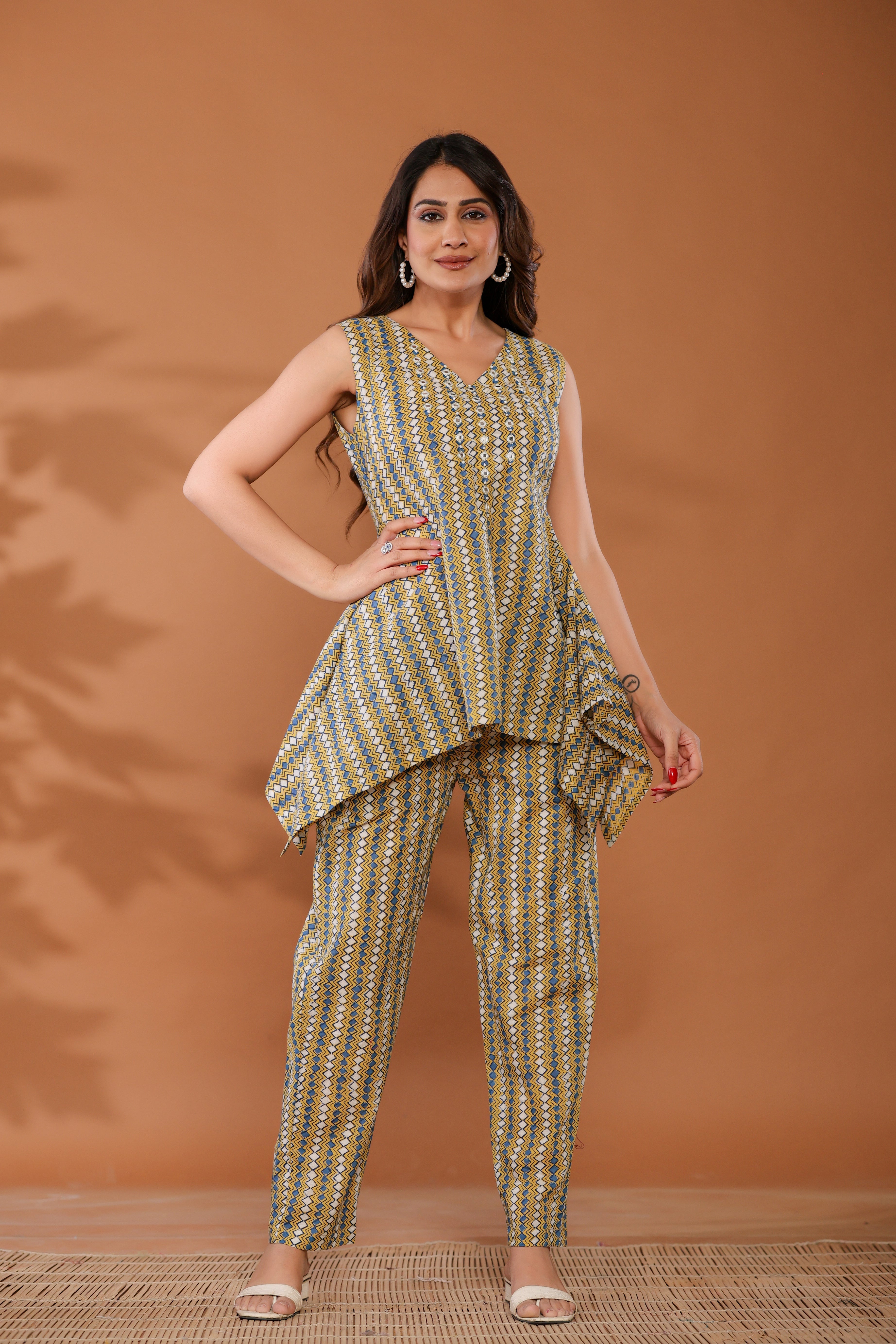 Golden Haze Yellow Cotton Hand Block Printed Co- Ord Set - By Ragavi - qivii