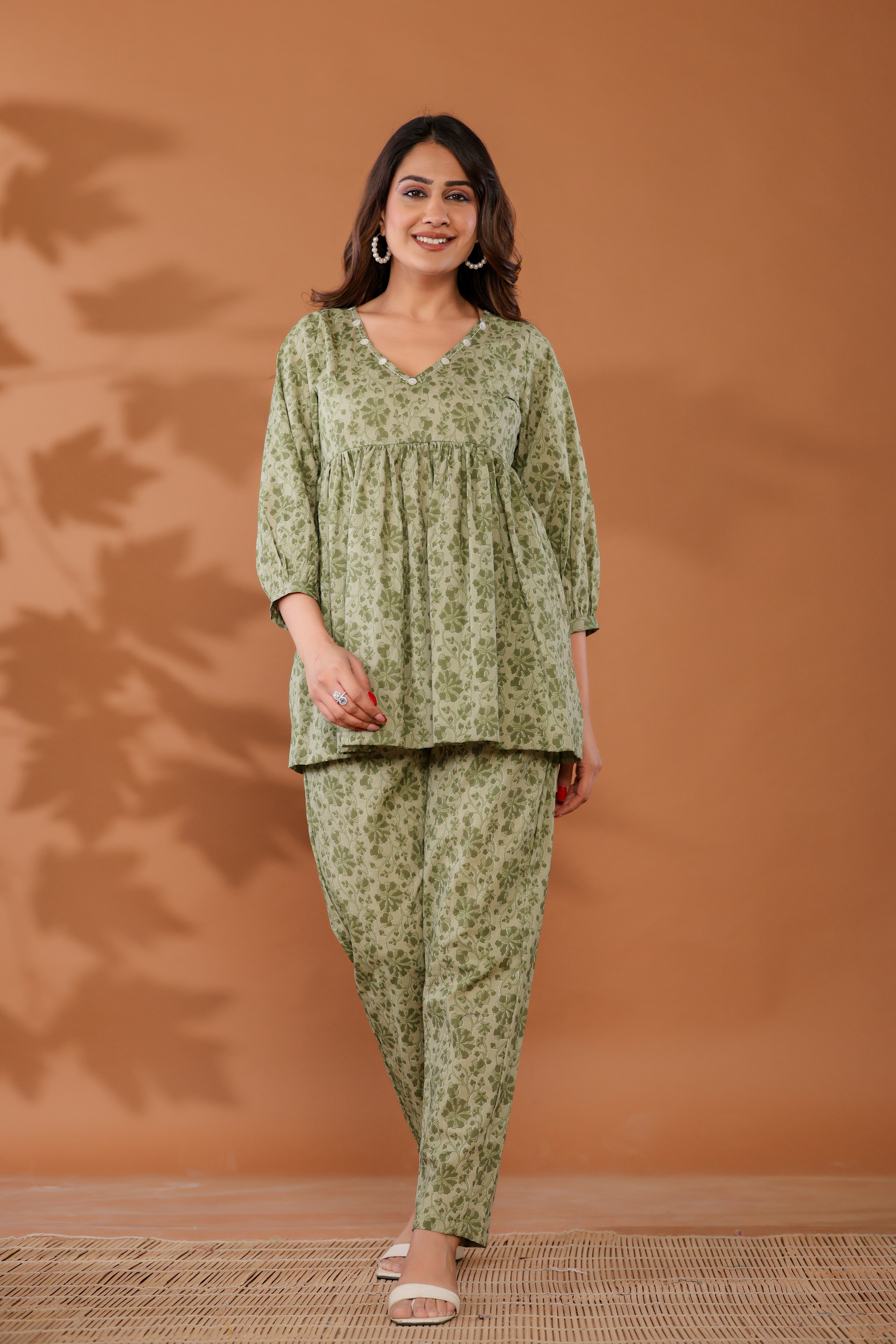 Meadow Green Cotton Hand Block Printed Co- Ord Set - By Ragavi - qivii