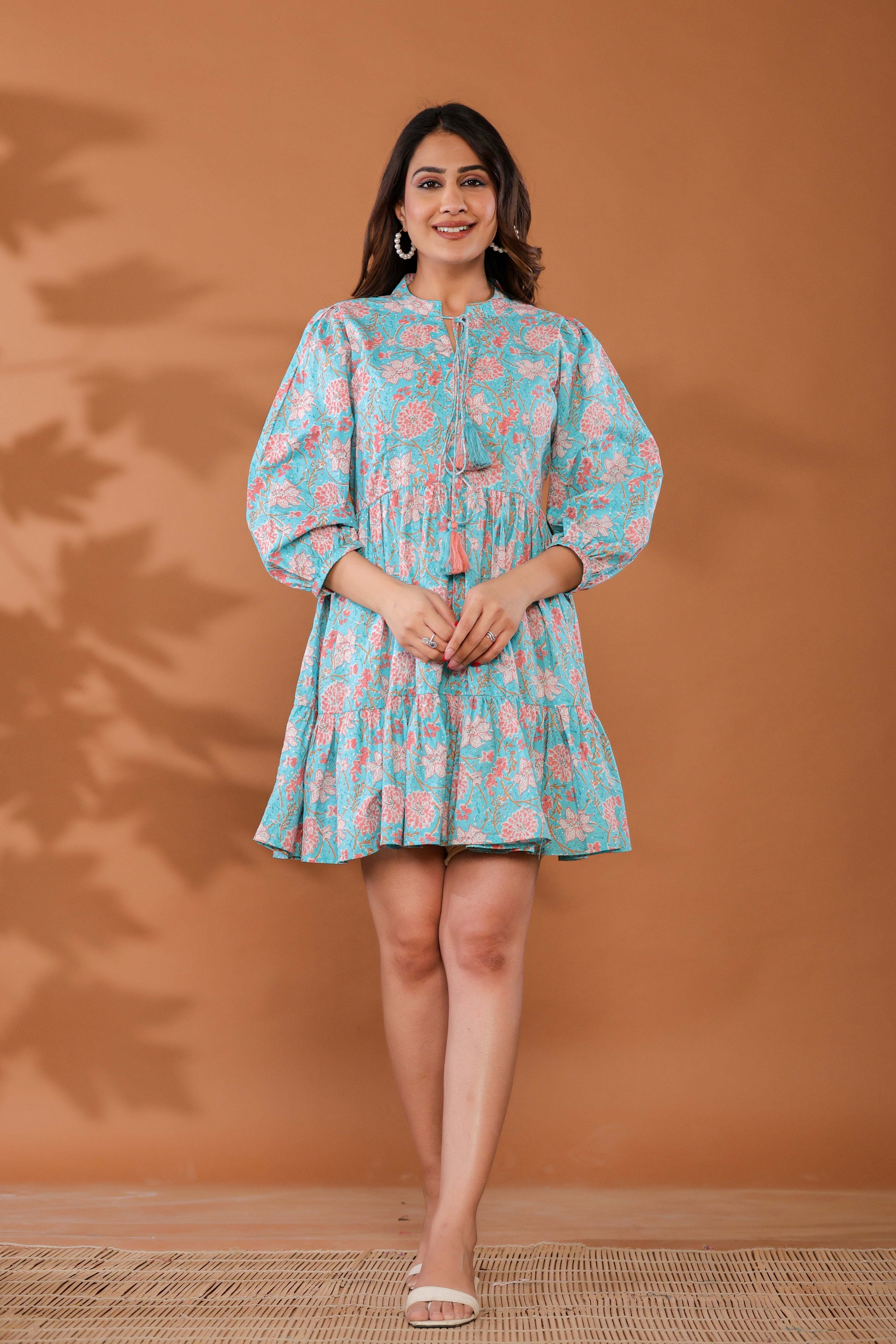 Ice Water Blue Cotton Hand Block Printed Mini Dress - By Ragavi - qivii