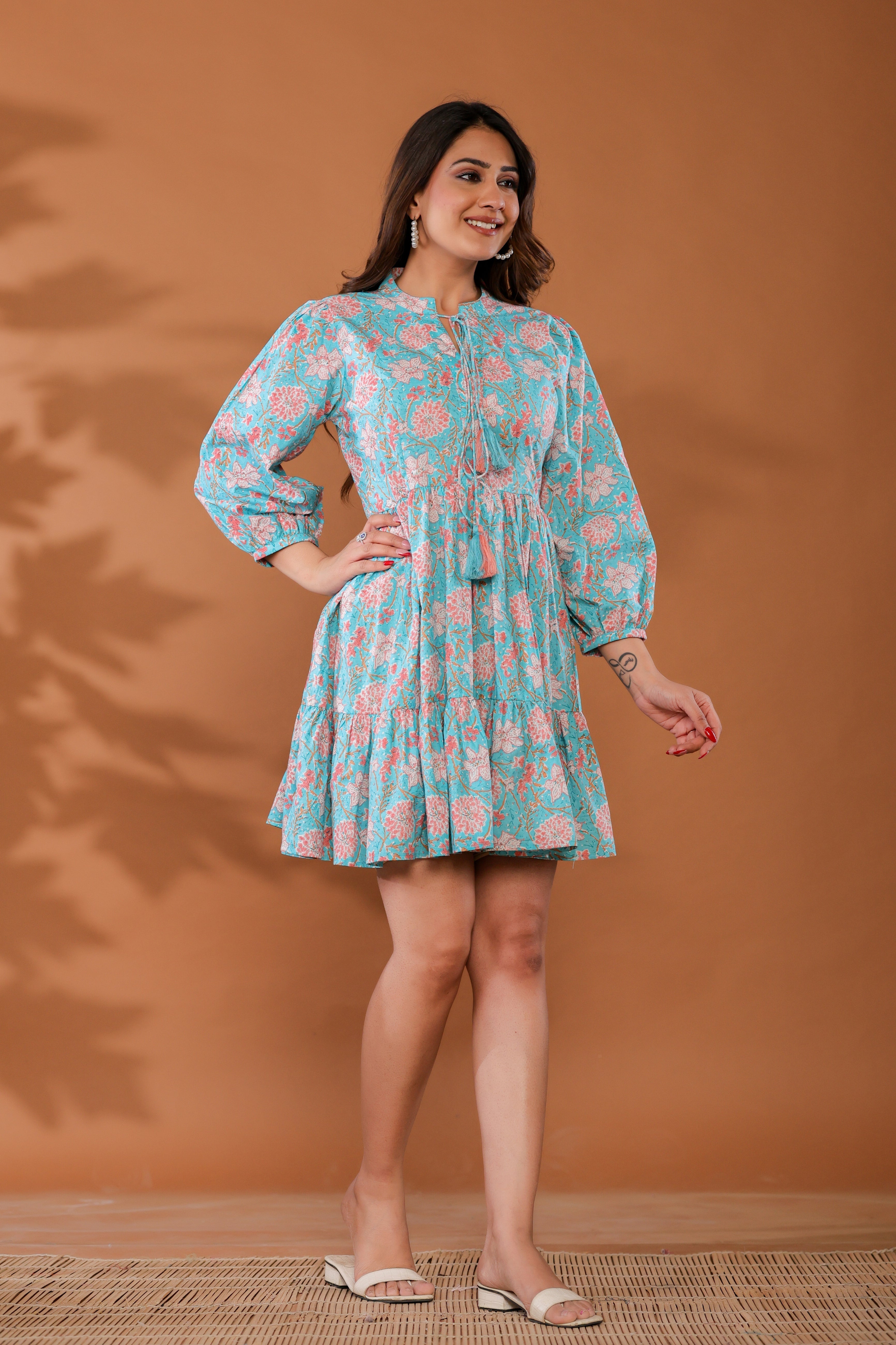 Ice Water Blue Cotton Hand Block Printed Mini Dress - By Ragavi - qivii