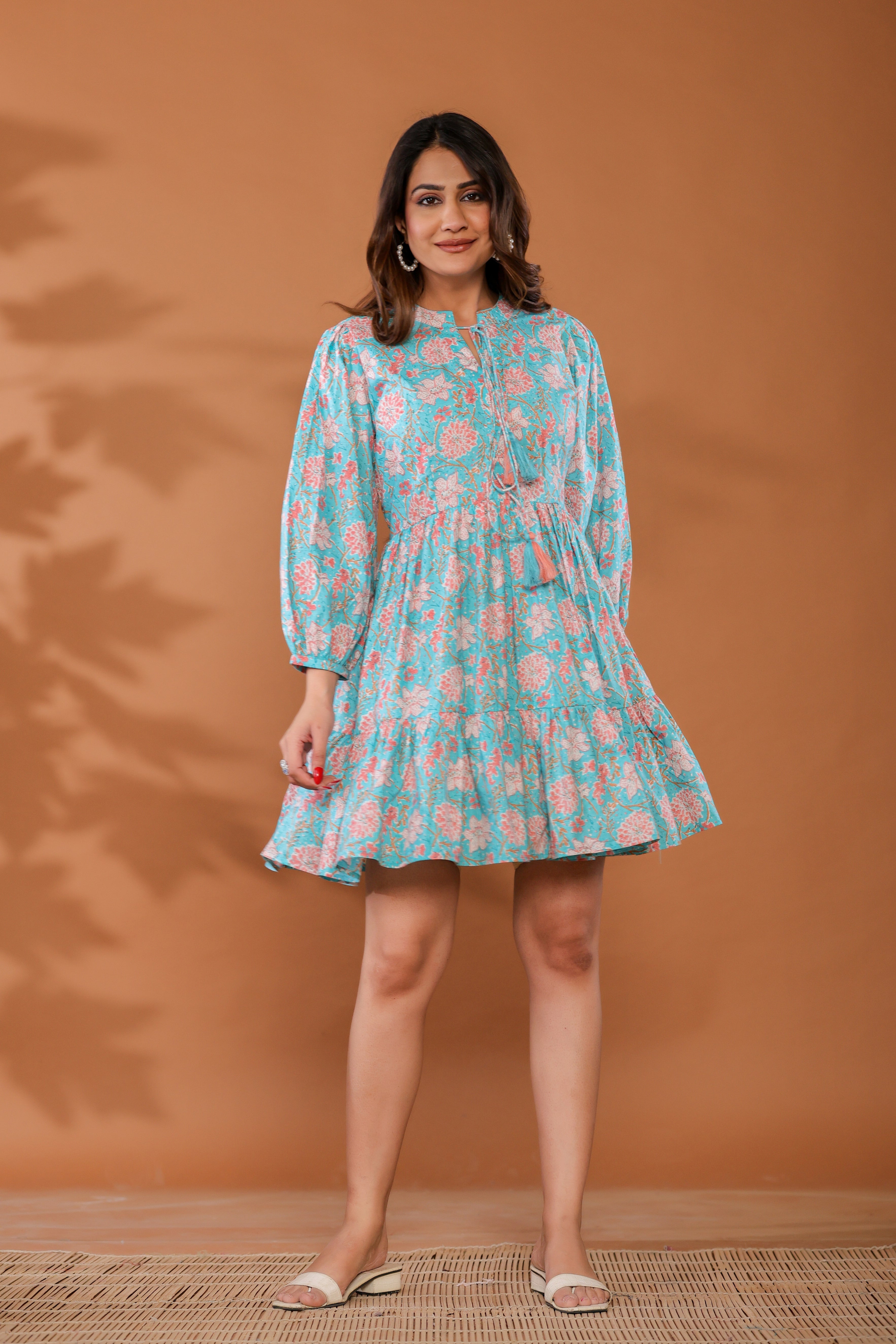 Ice Water Blue Cotton Hand Block Printed Mini Dress - By Ragavi - qivii