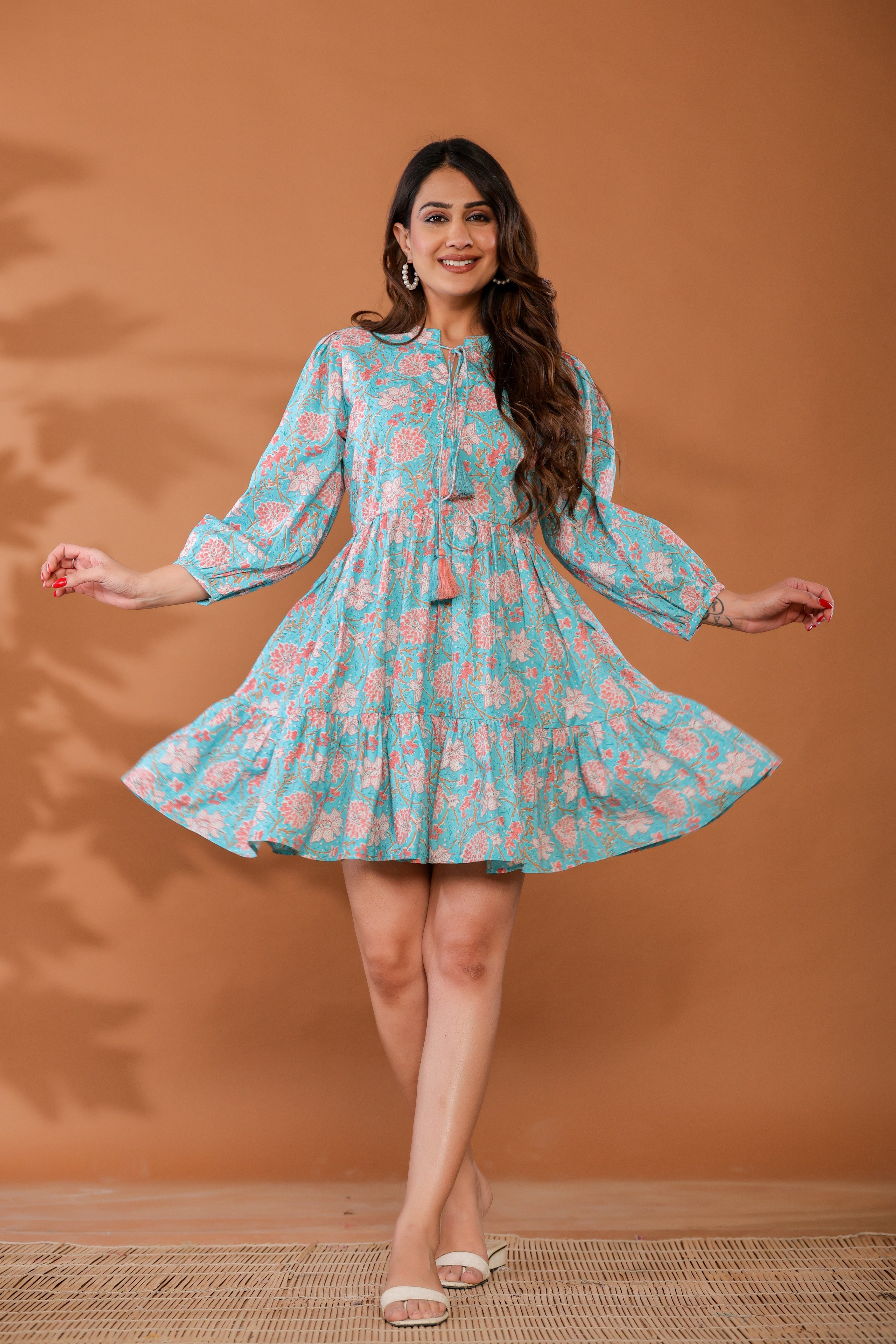 Ice Water Blue Cotton Hand Block Printed Mini Dress - By Ragavi - qivii