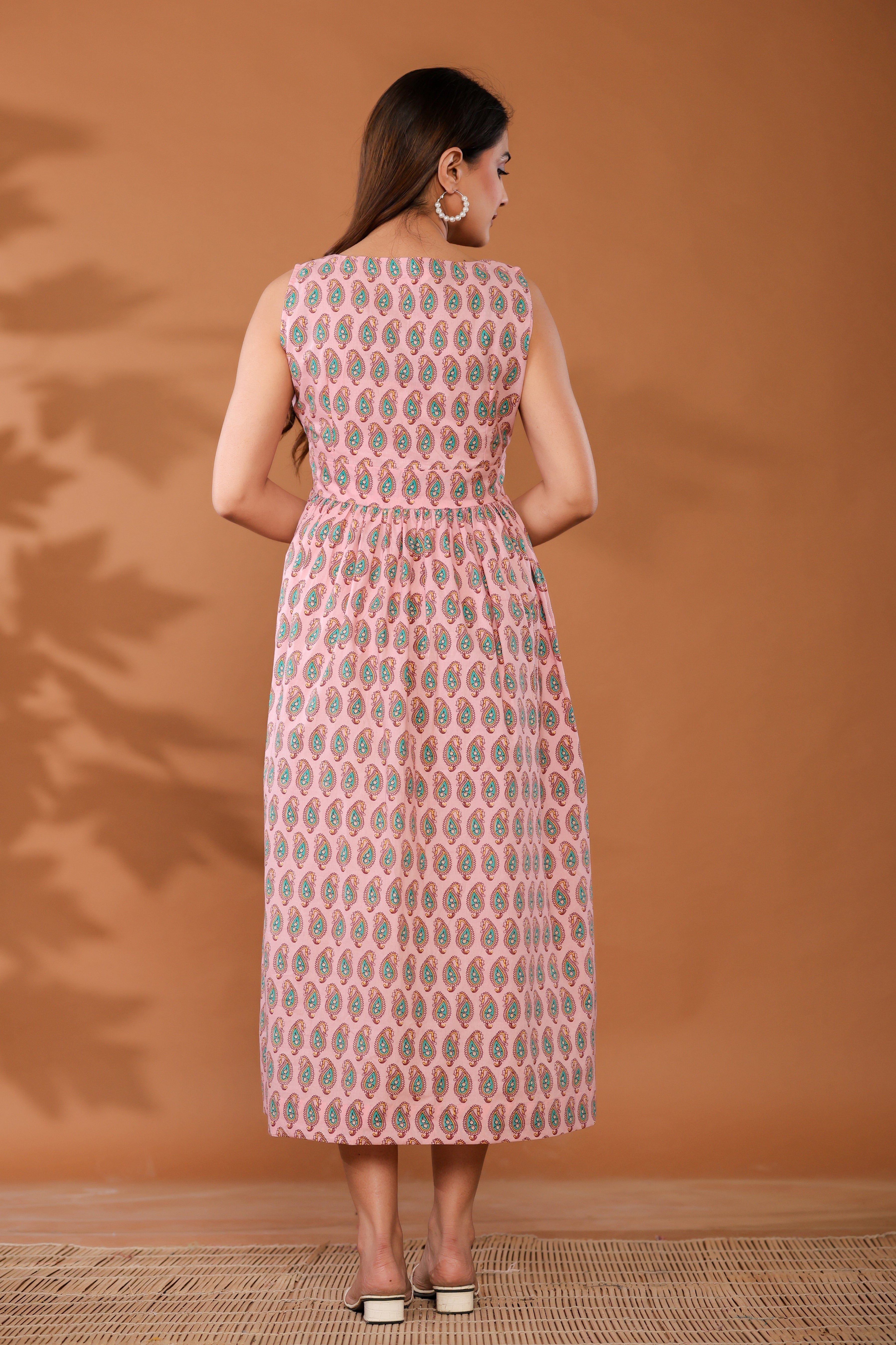 Sugar Pink Cotton Hand Block Printed Midi Dress