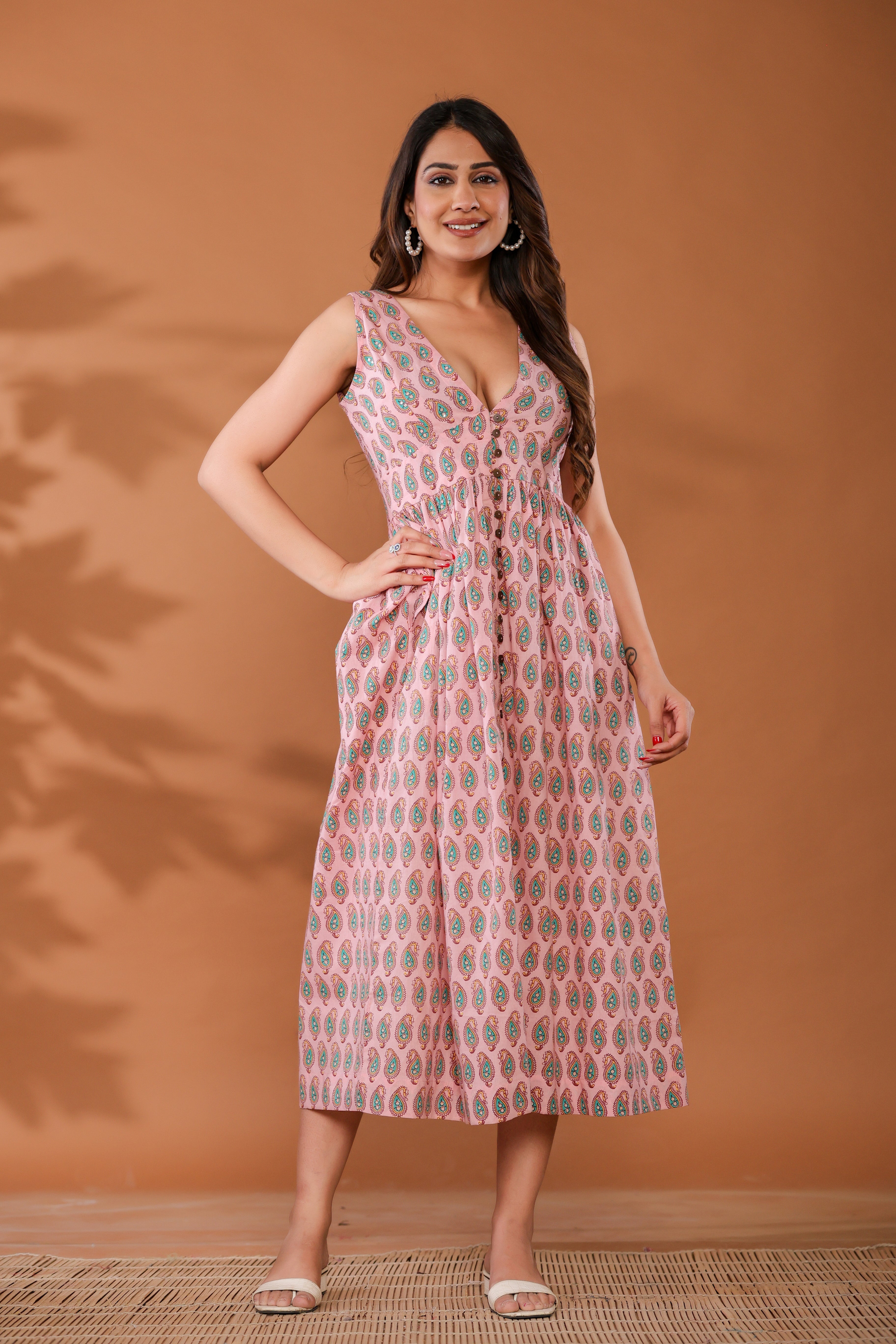Sugar Pink Cotton Hand Block Printed Midi Dress - By Ragavi - qivii