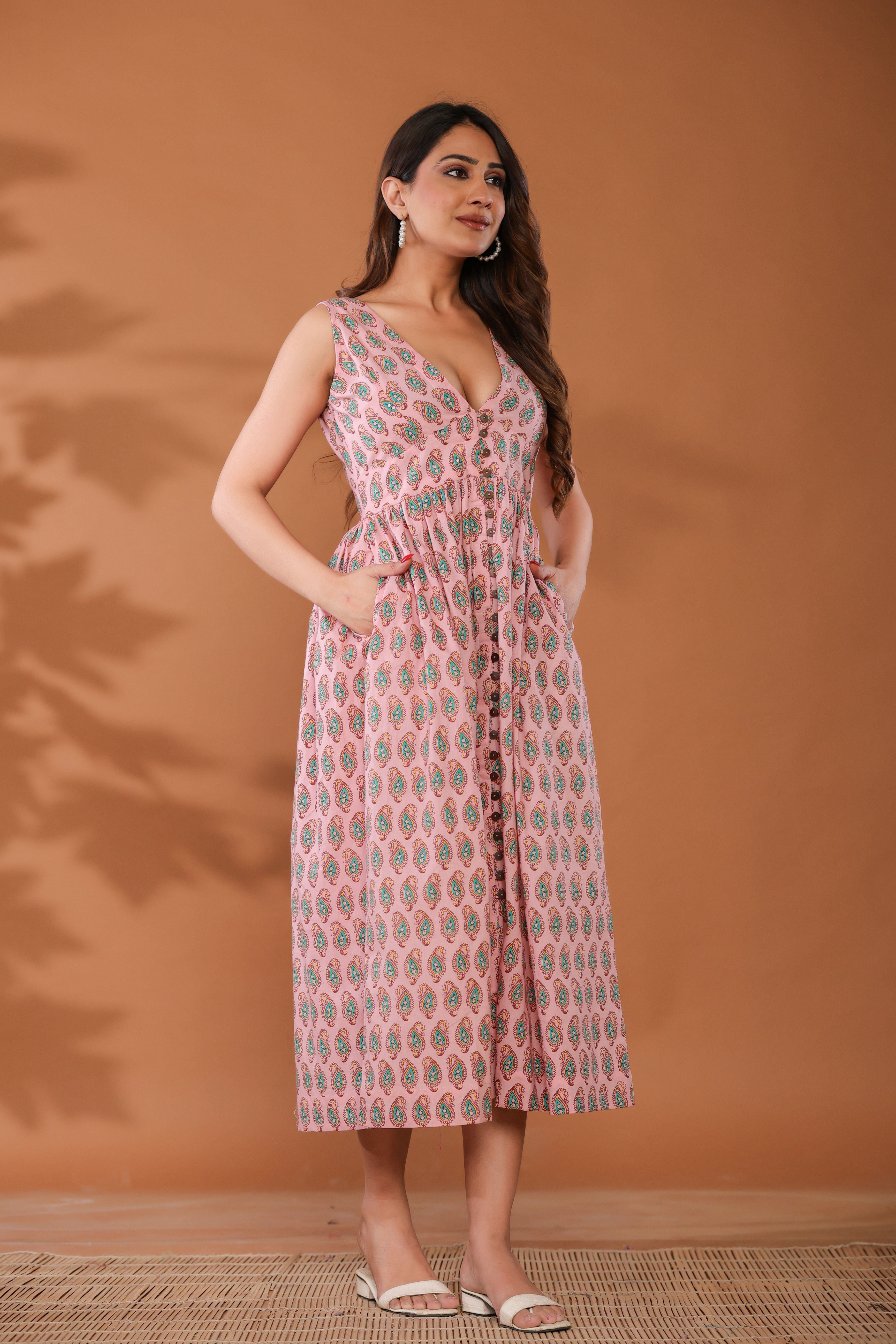 Sugar Pink Cotton Hand Block Printed Midi Dress