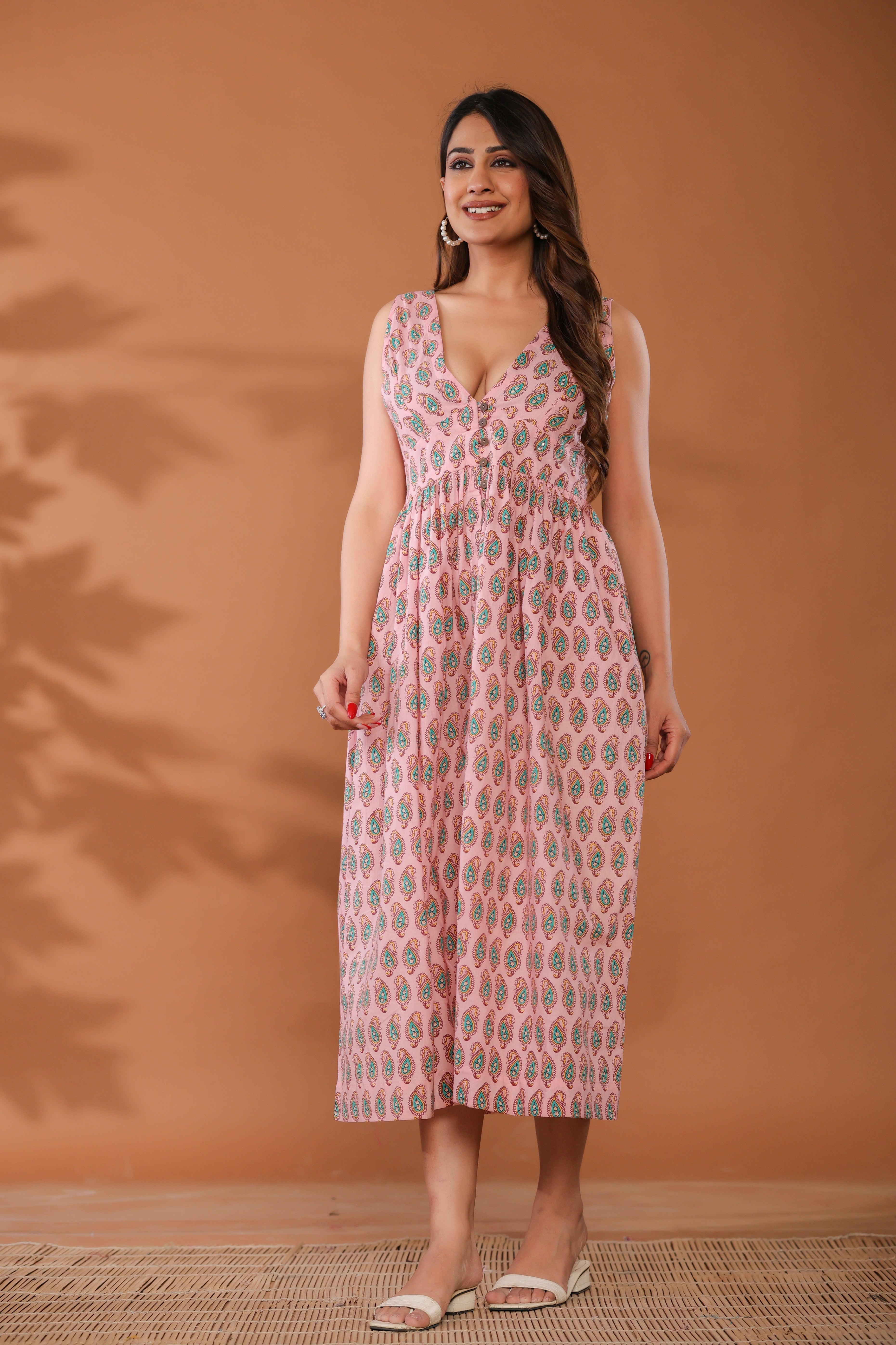 Sugar Pink Cotton Hand Block Printed Midi Dress - By Ragavi - qivii
