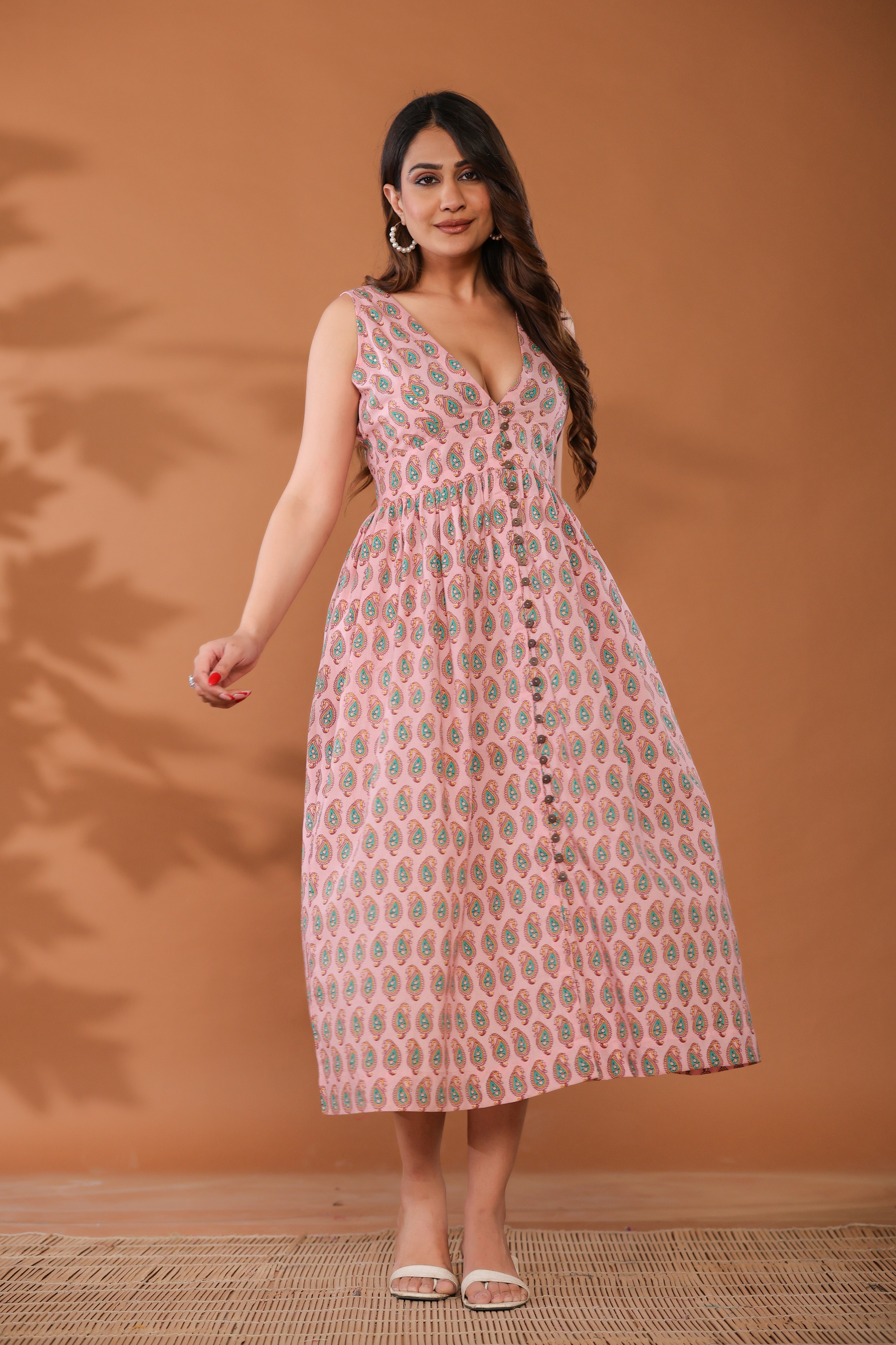 Sugar Pink Cotton Hand Block Printed Midi Dress - By Ragavi - qivii