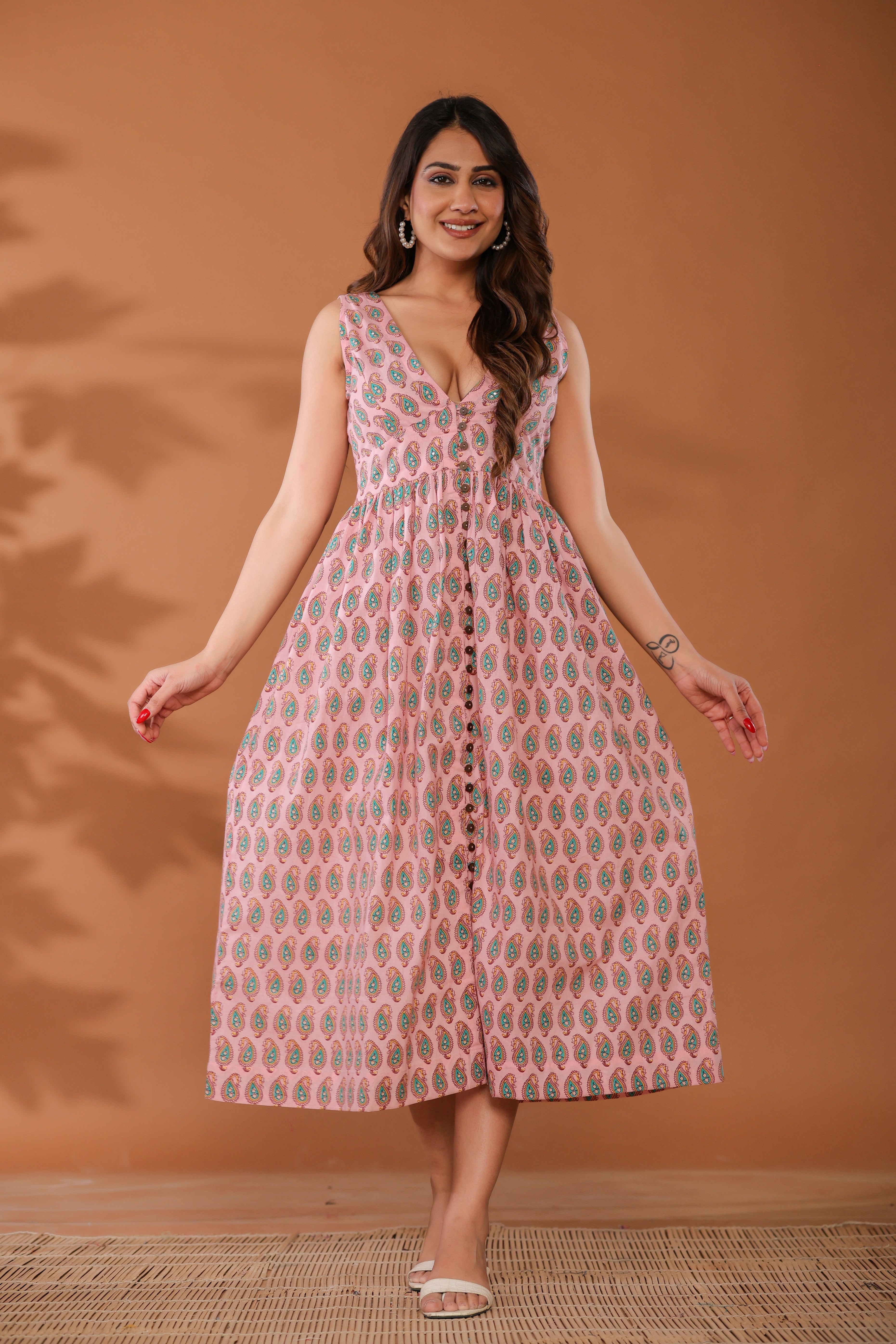 Sugar Pink Cotton Hand Block Printed Midi Dress