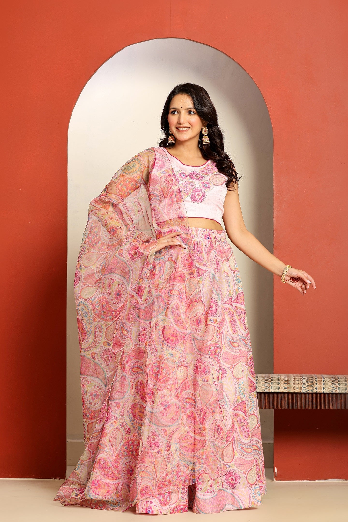 Ragavi Pastel Pink Paisley Printed Lehenga Set with Dupatta