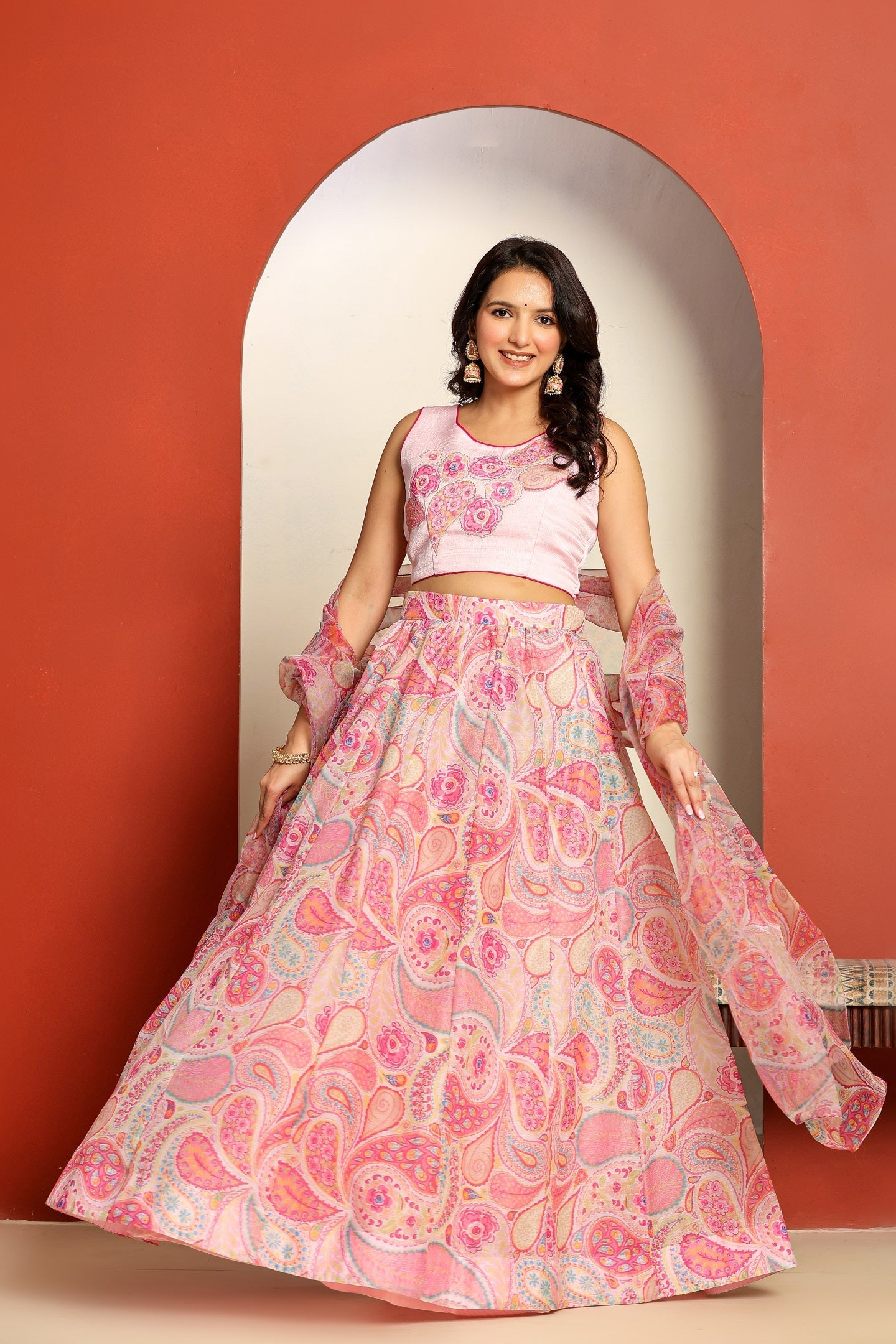 Ragavi Pastel Pink Paisley Printed Lehenga Set with Dupatta