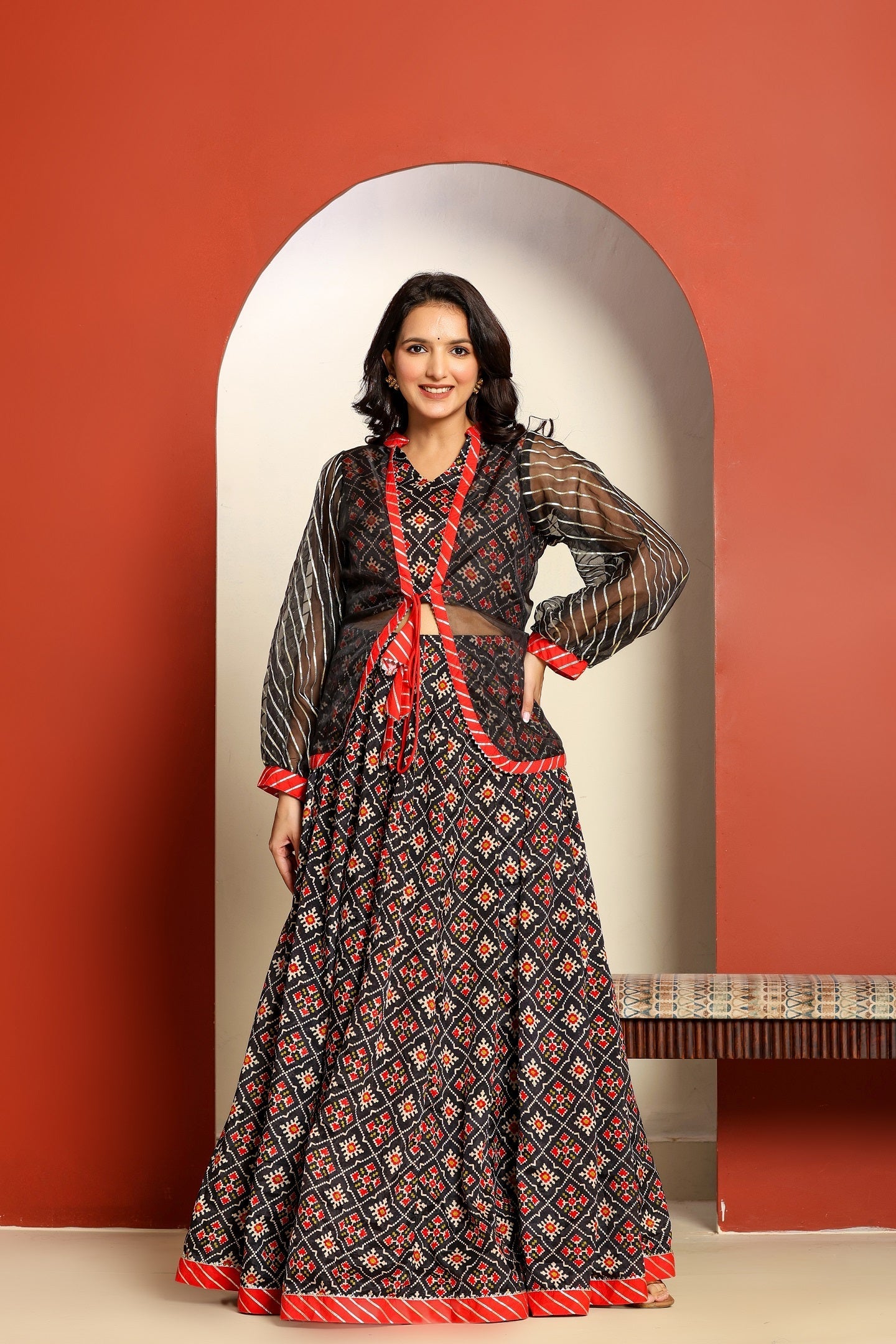 Ragavi Black and Red Printed Lehenga Set with Sheer Jacket